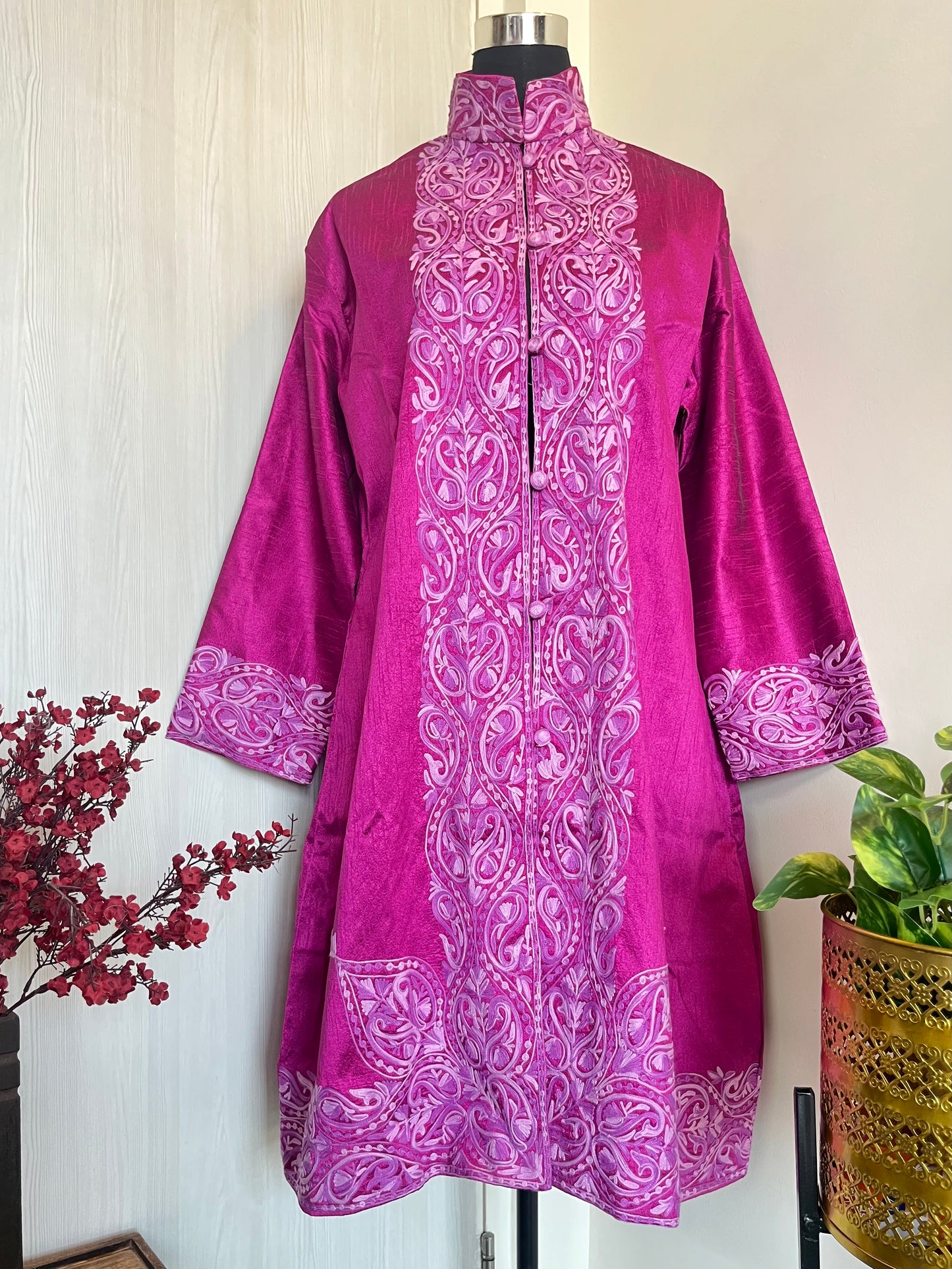 Hot Pink Aari  Embroidered Silk Jacket XXL