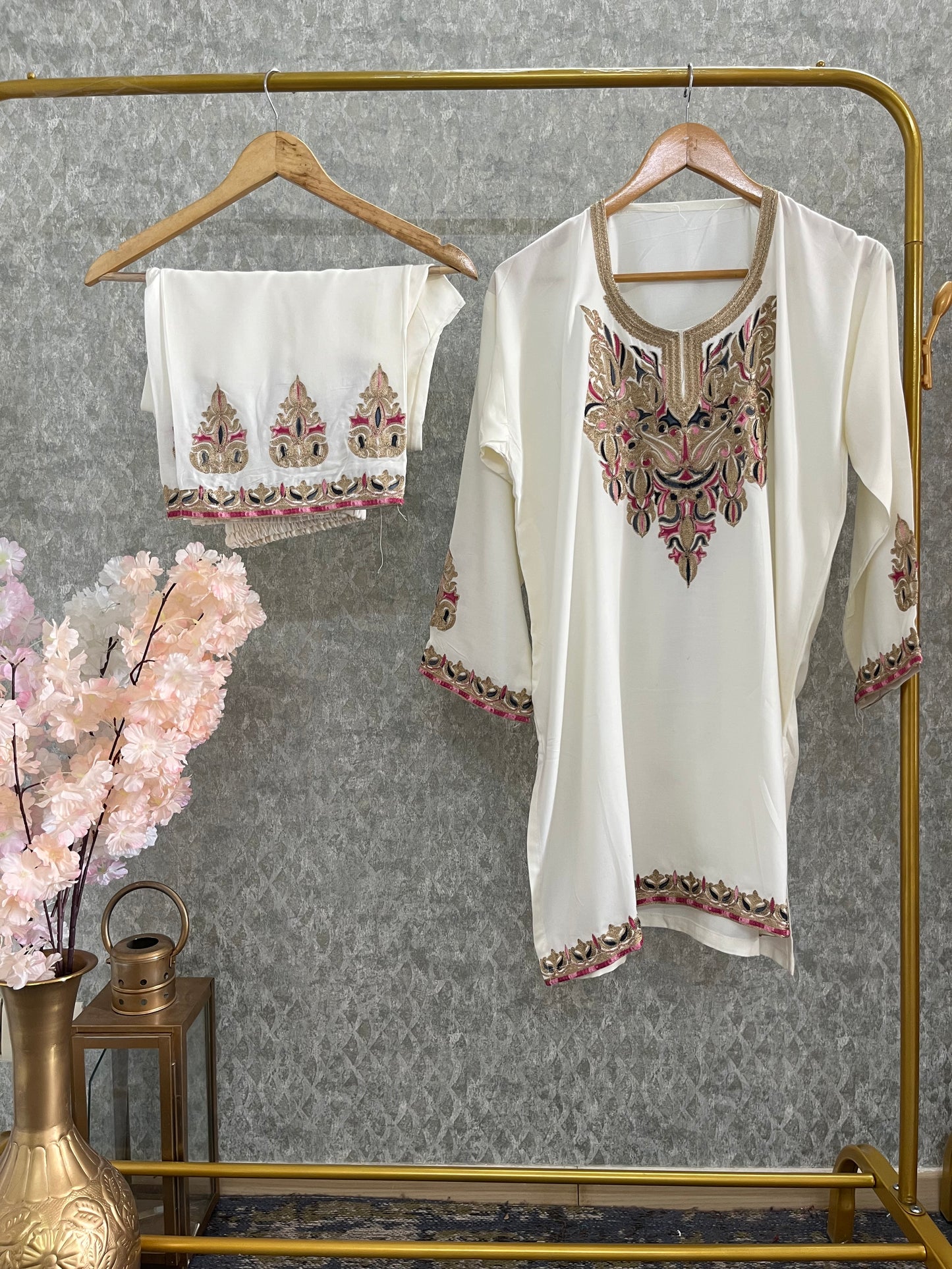 Off White Cotton Stitched Co-ord Set(42) Length 37