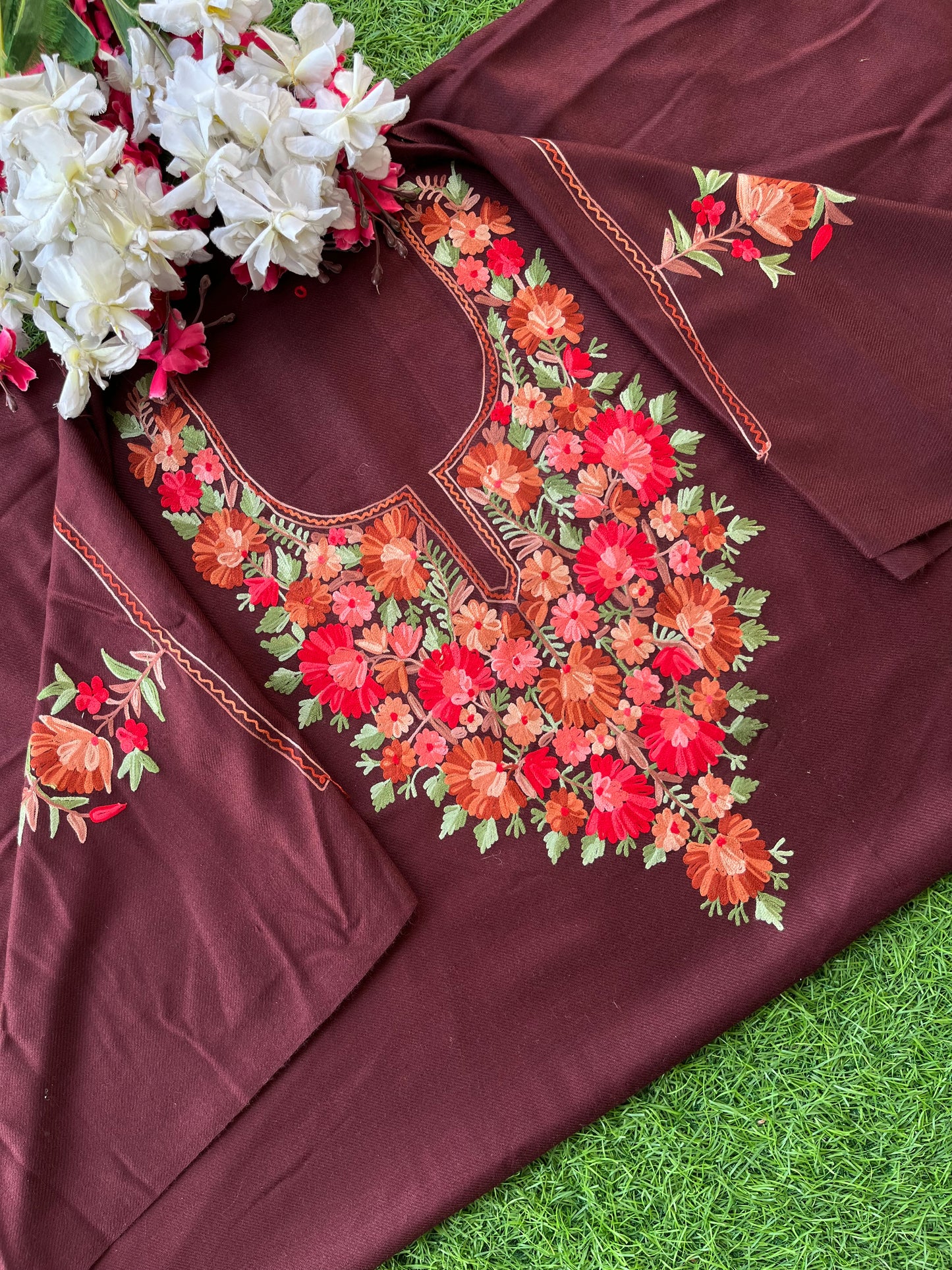 Brown Woollen Aari Embroidered 2pc suit 5mtr