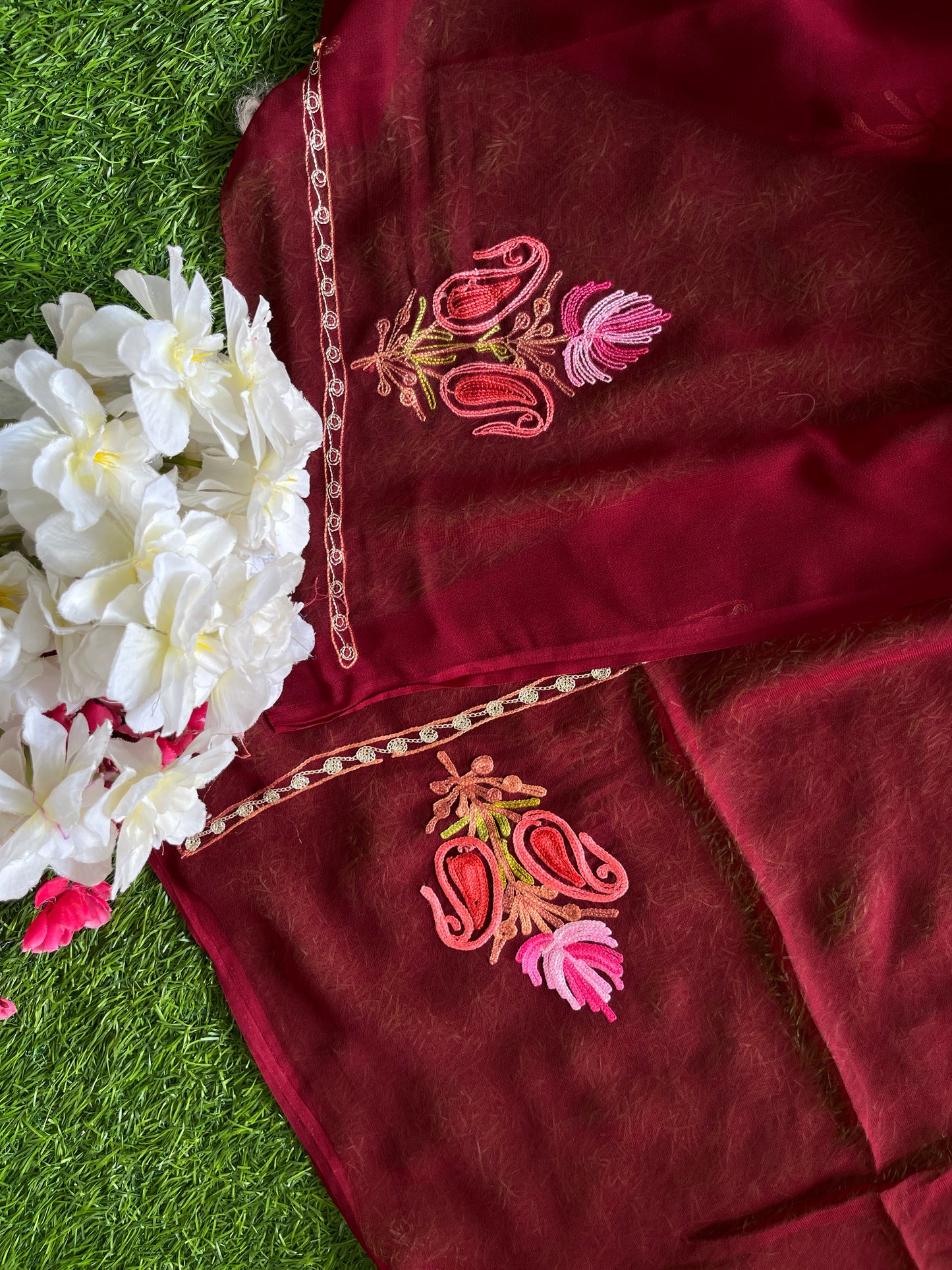 Maroon Georgette Shirt and Dupatta Aari Embroidered Suit