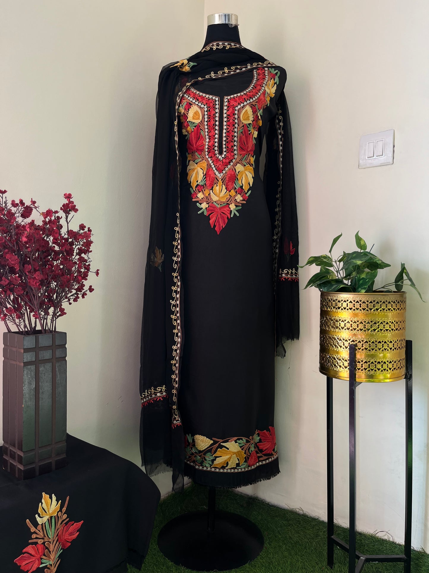 Black Opada Silk Aari Embroidered Suit material