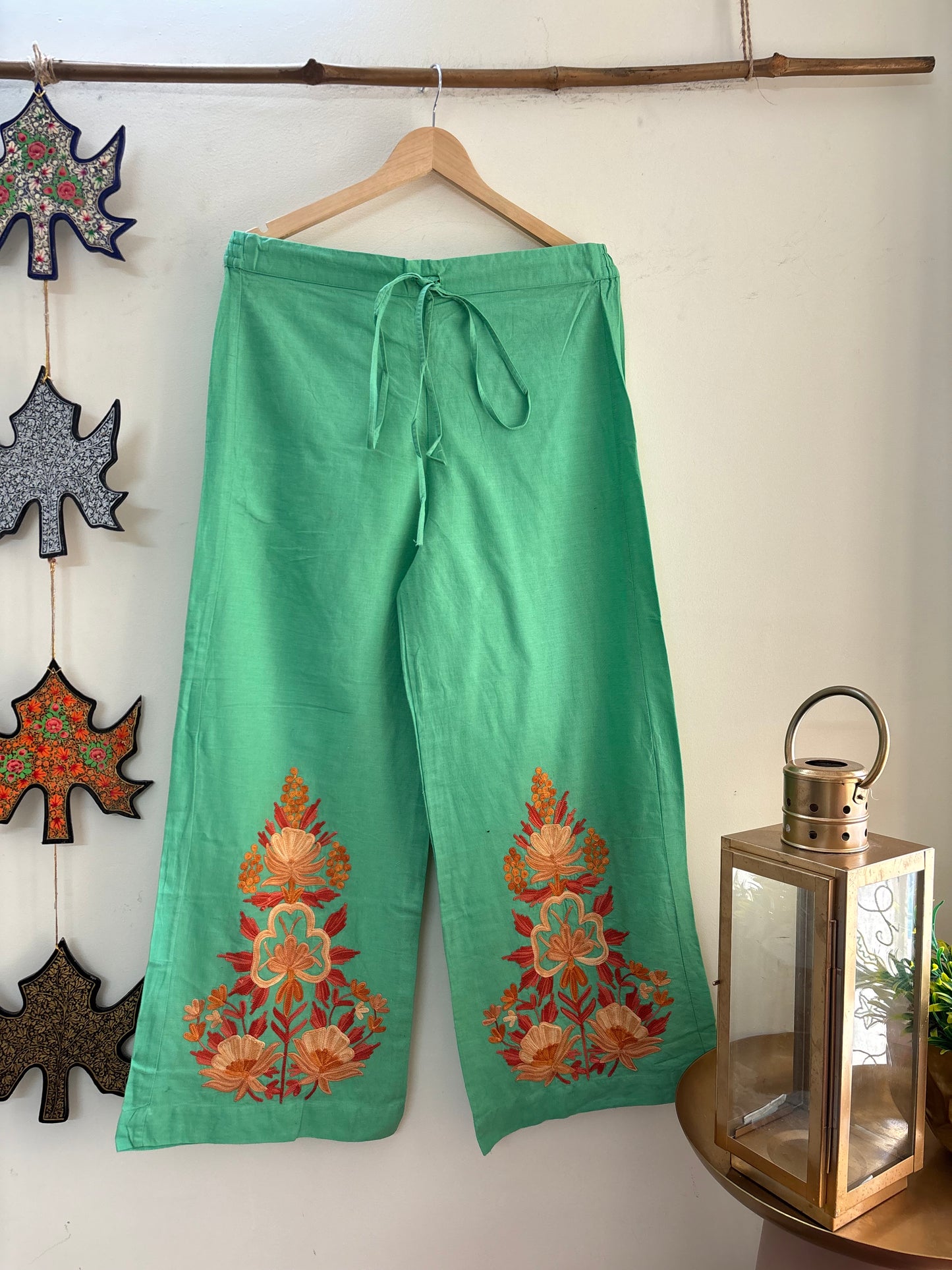Women Green Solid Cropped Wide Leg Aari Embroidered Palazzos ‘L’