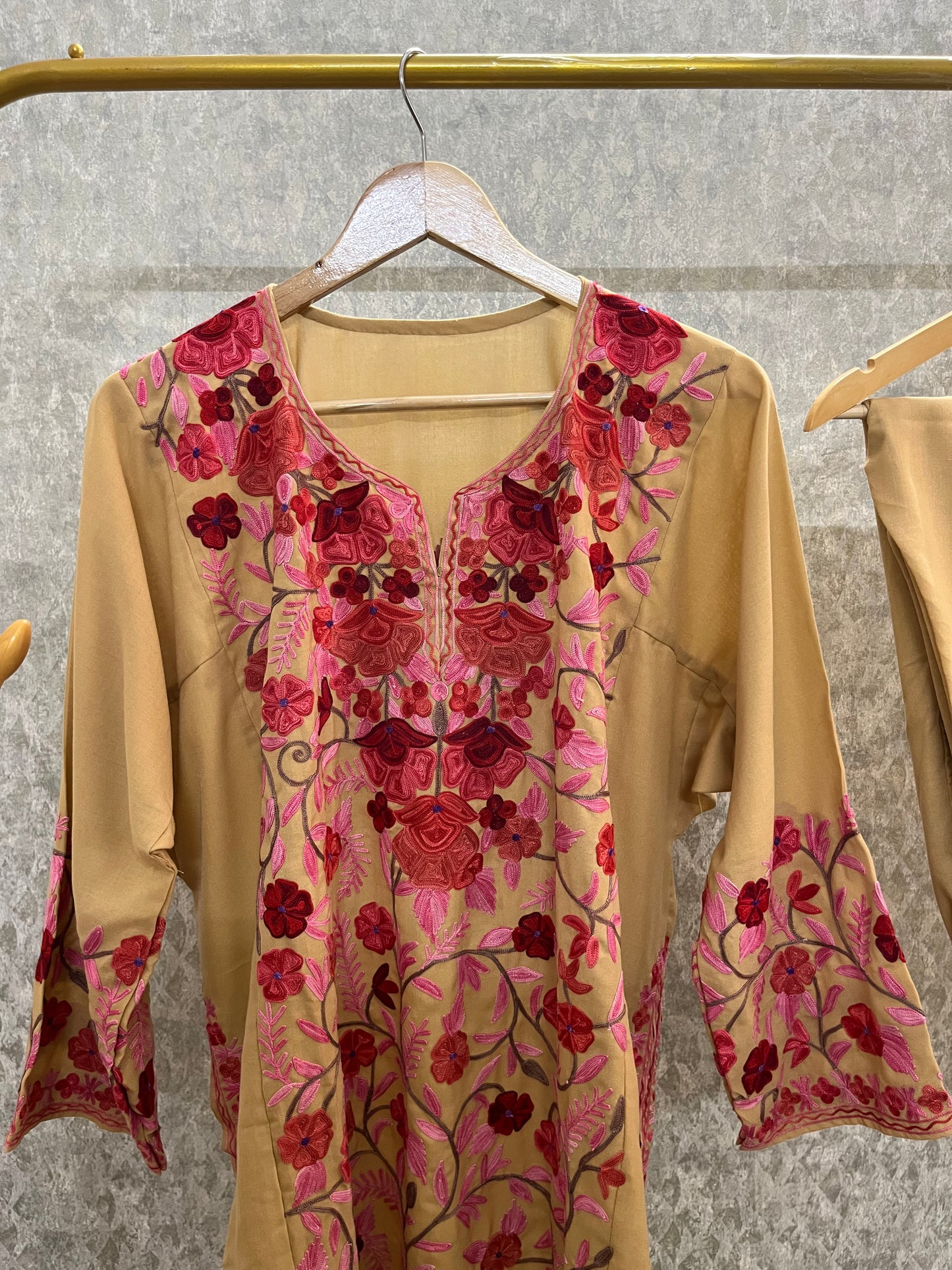 Beige Cotton Front Jaal Pheran Set