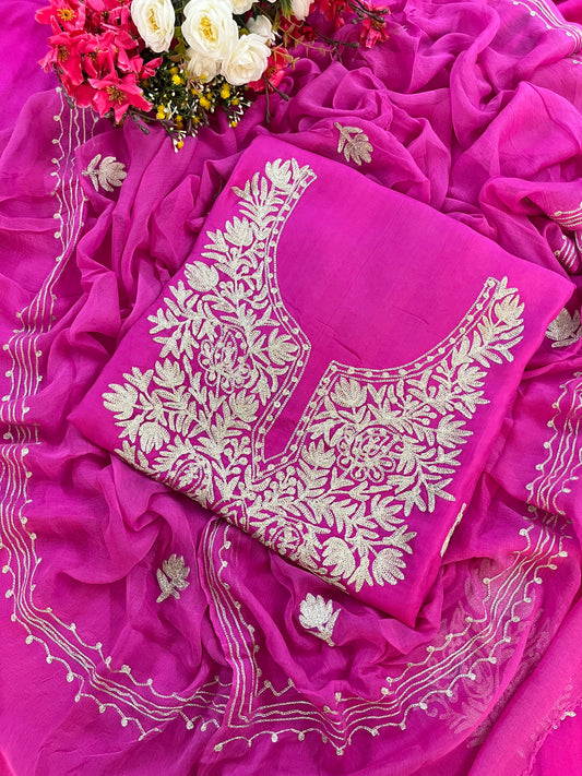 Hot Pink Silk Tilla Kashmiri Suit
