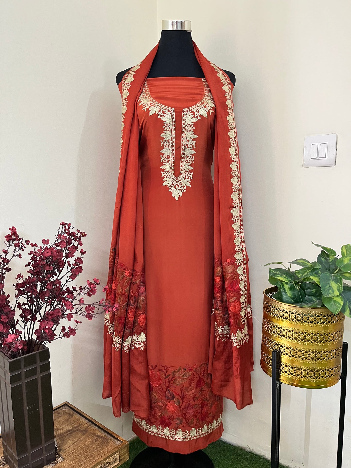 ‘Kalaa’ Rust Crape Kashmiri Suit