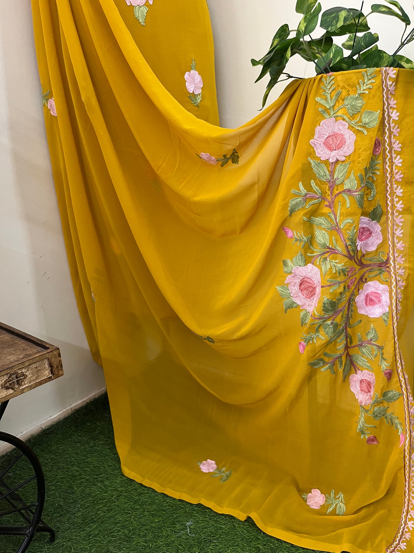 Mustard Georgette 3 Pc Aari Embroidered Suit