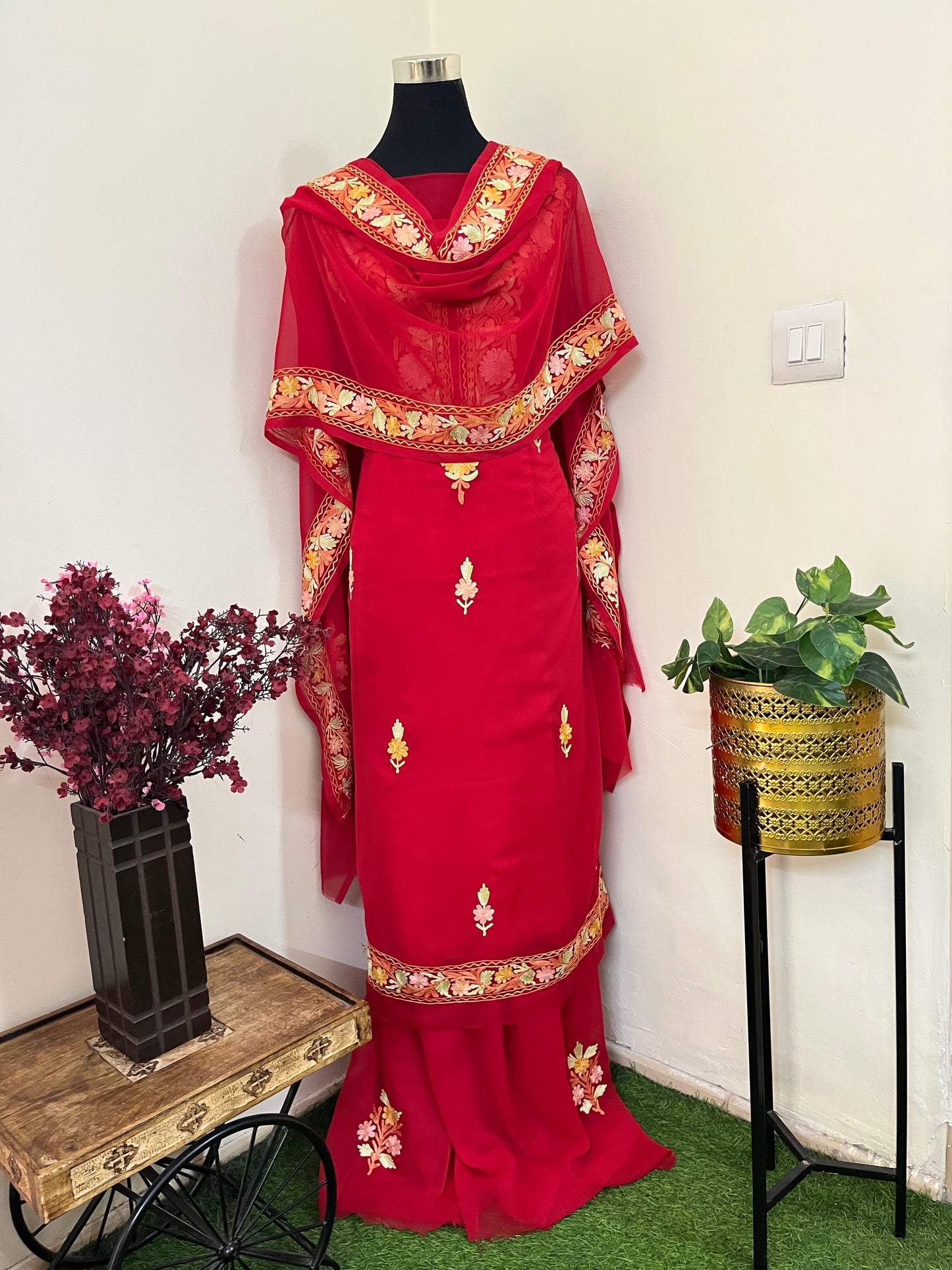 Red Georgette 3 Pc Aari Embroidered Suit Set