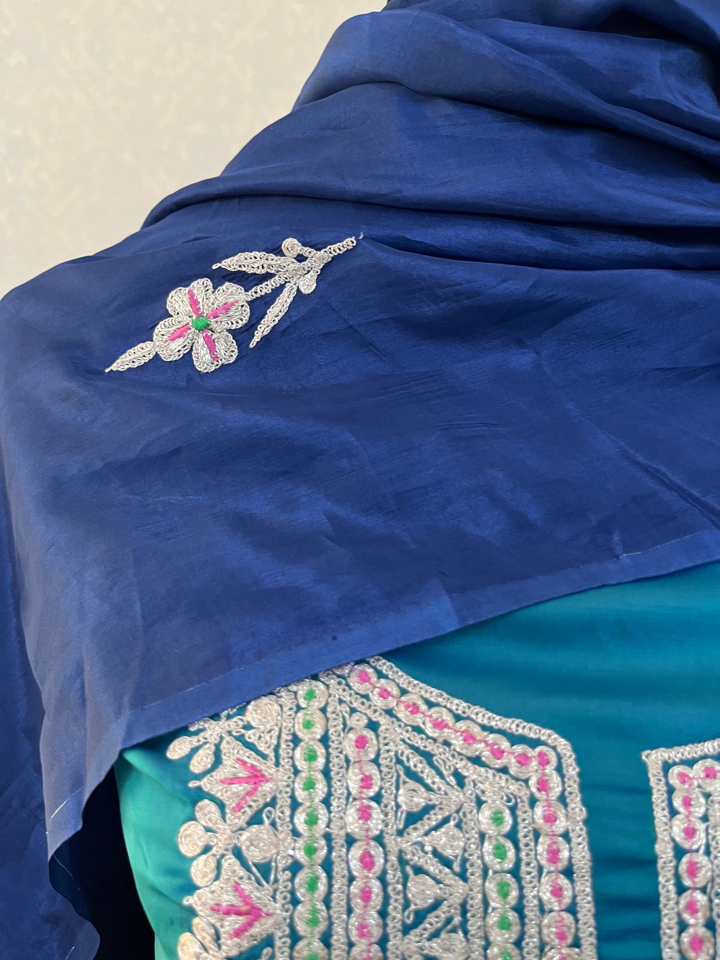 Firozi Silk Puff Tilla Embroidered Suit