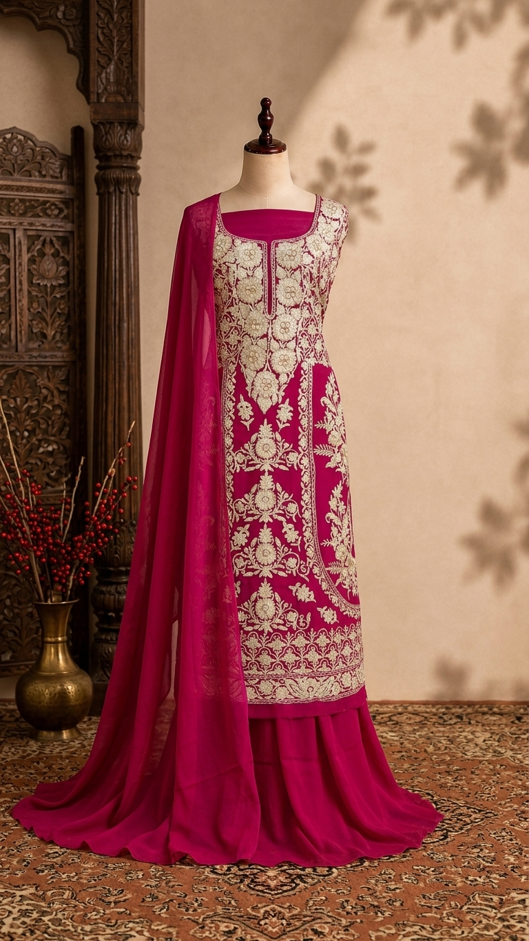 Hot Pink Pure Soft Organza 3 Pc Heavy Kashmiri Suit