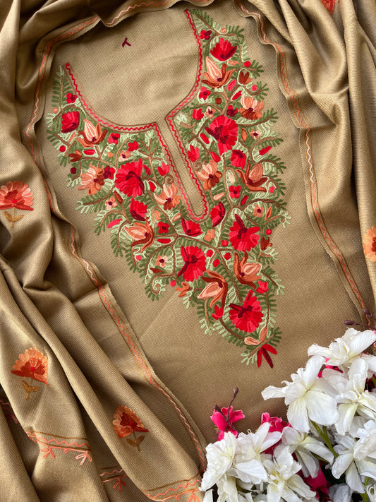 Beige Woollen Aari Embroidered 3pc suit