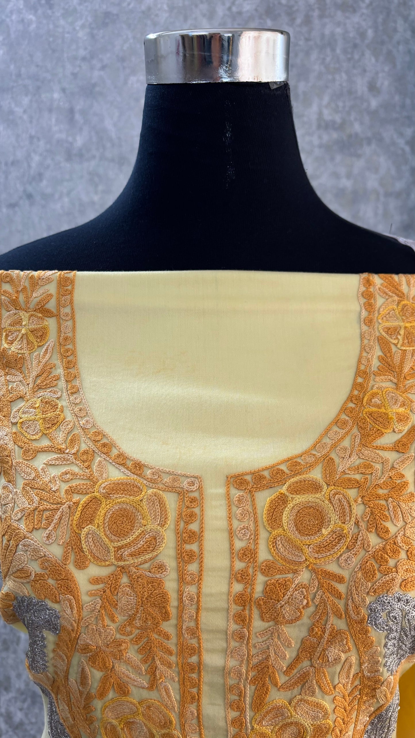 Lemon Yellow Satin Cotton Kashmiri Suit