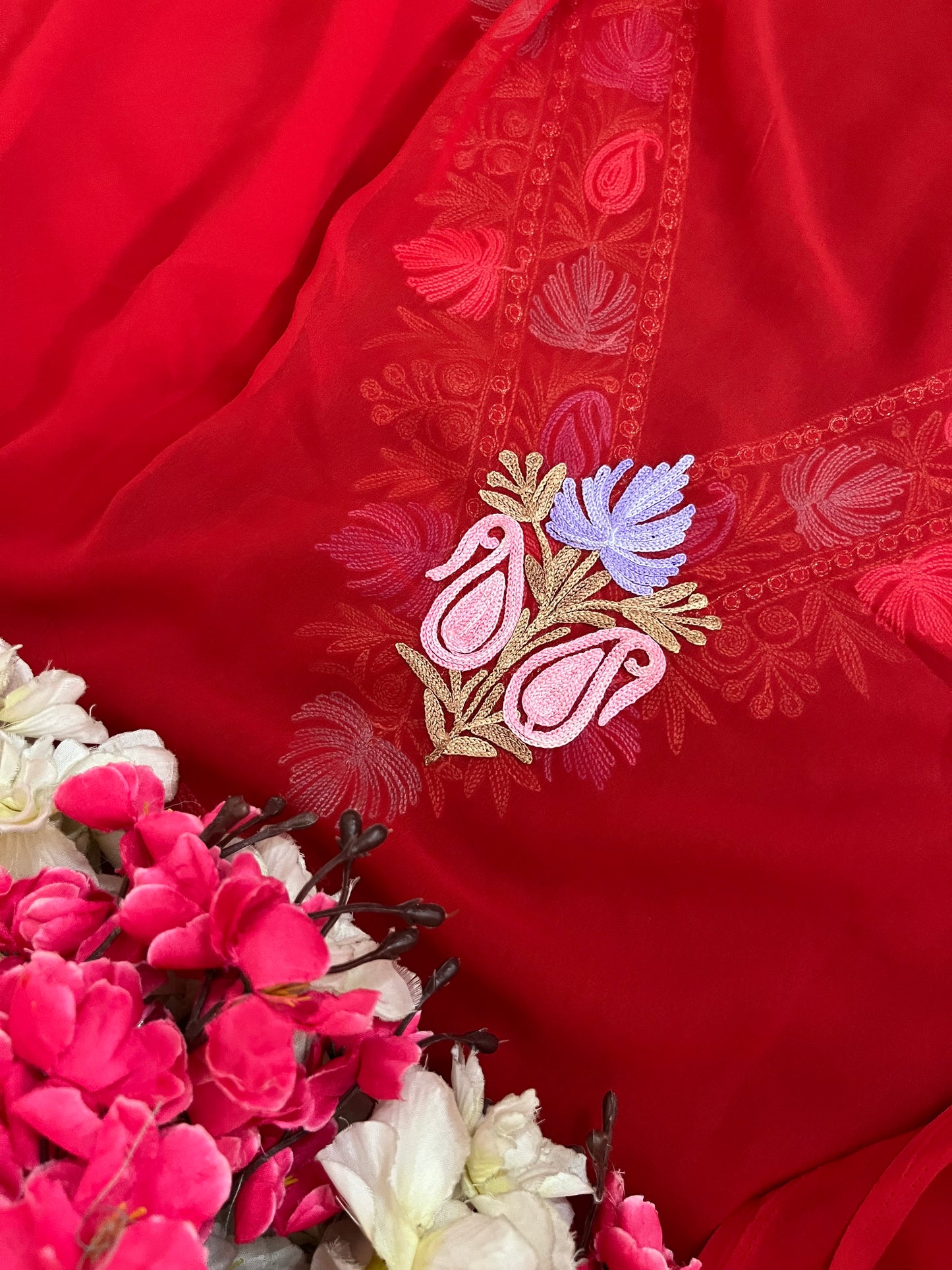 Red Georgette 3 Pc Aari Embroidered Suit Set