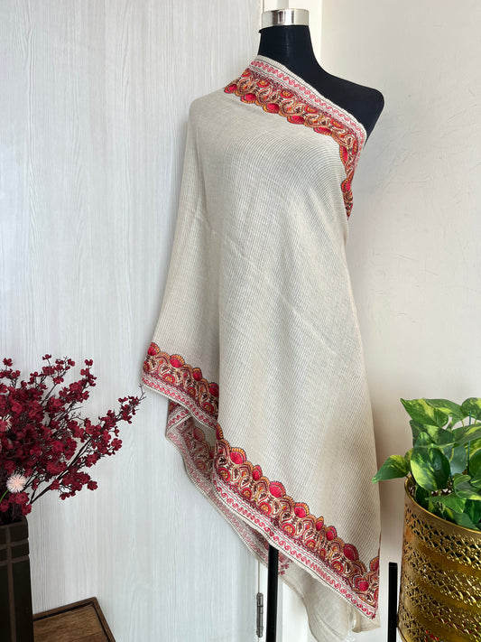 Ivory Silk Thread Border Embroidered Fine Semi Pashmina stole