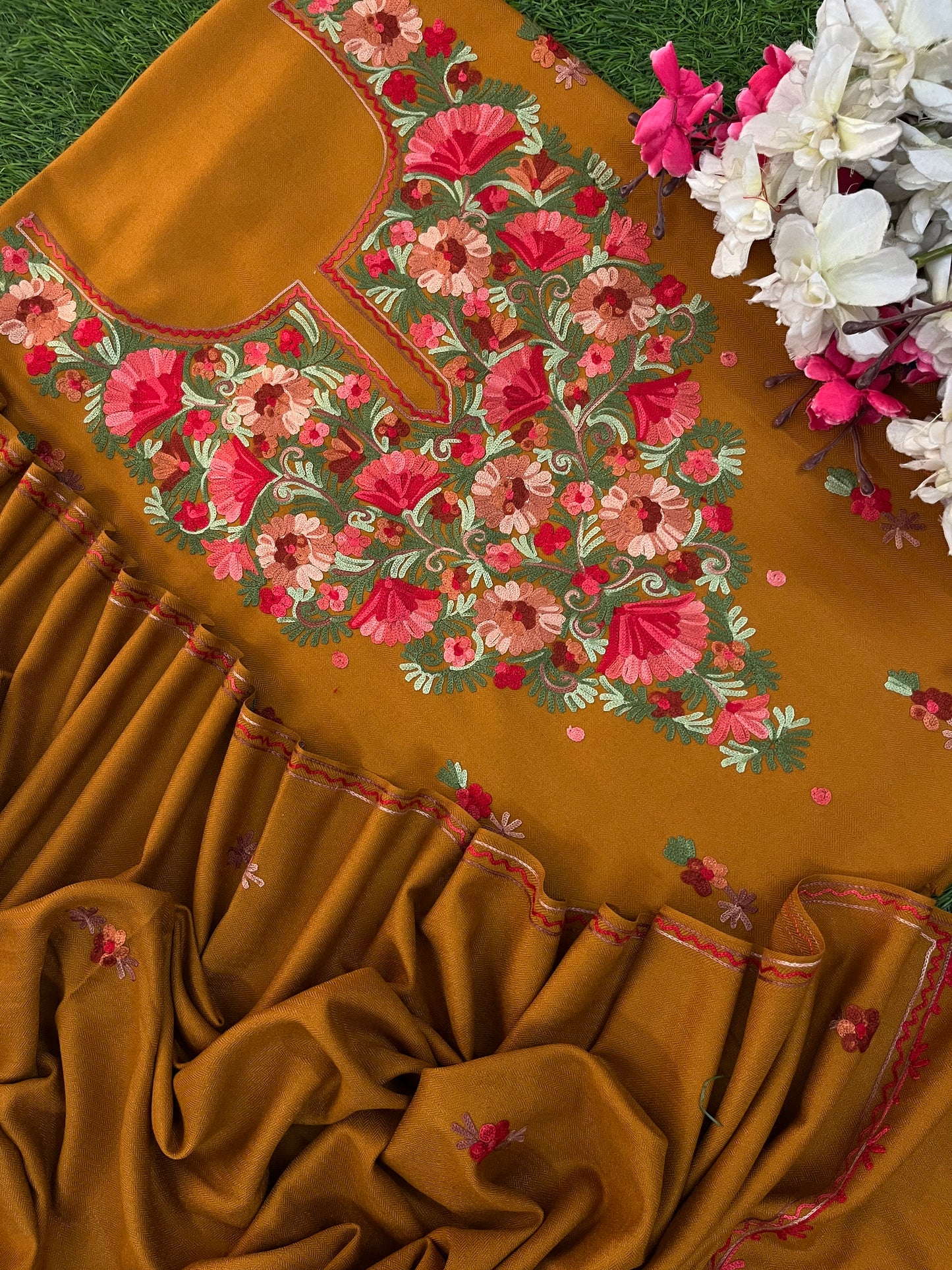 Golden Brown Woollen Aari Embroidered 3pc suit