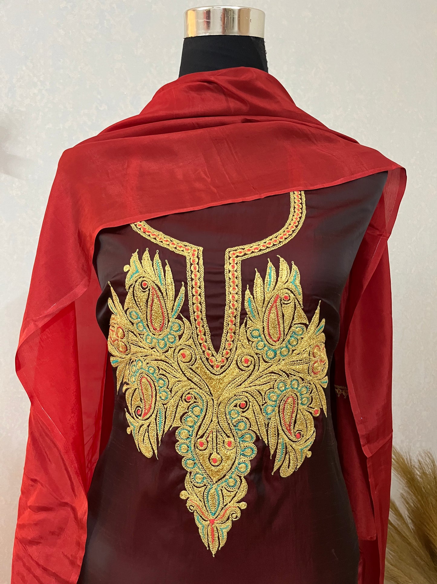 Maroon Silk Puff Tilla Embroidered Suit