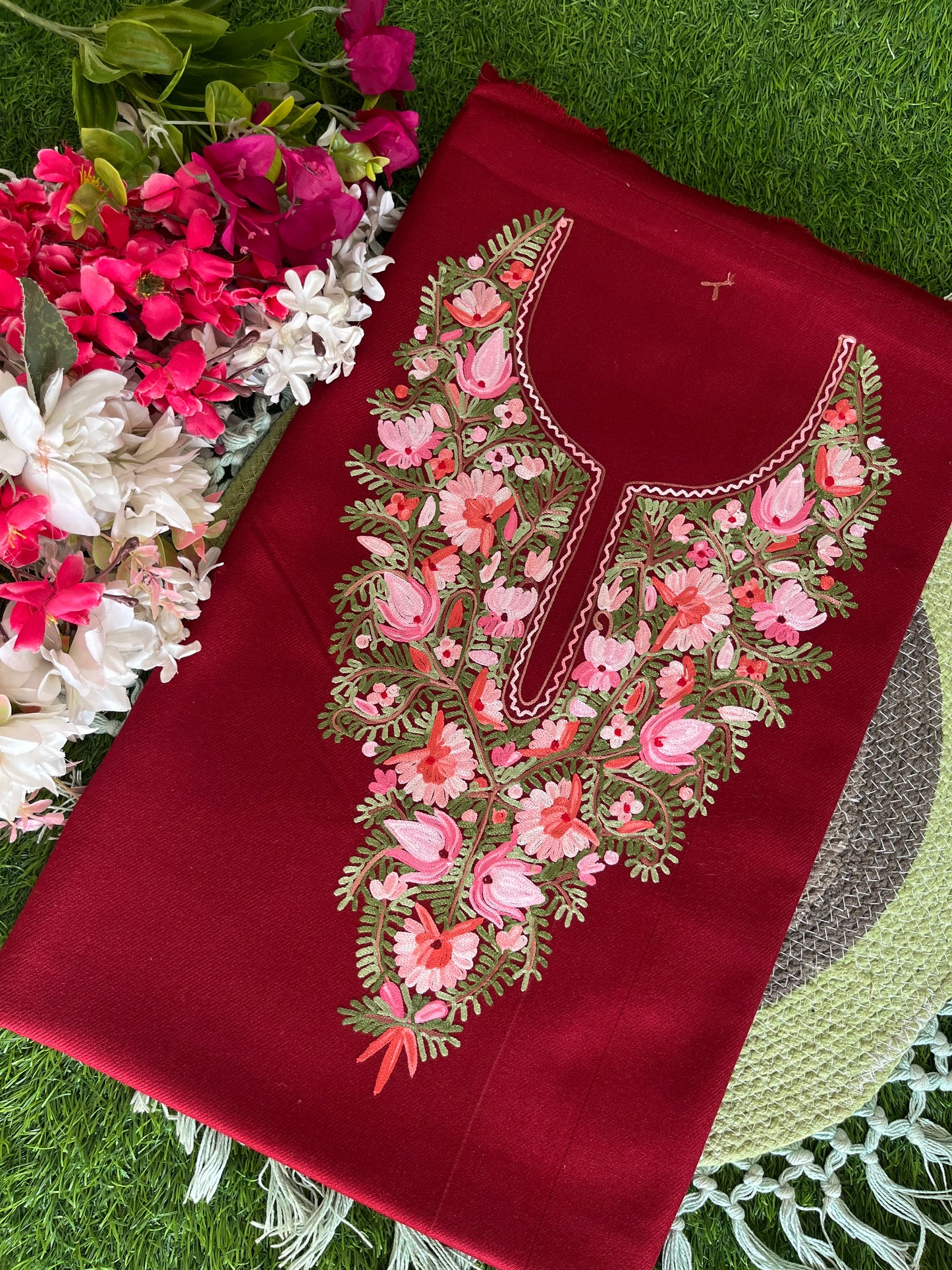 Maroon Woollen Aari Embroidered 2pc suit 5mtr