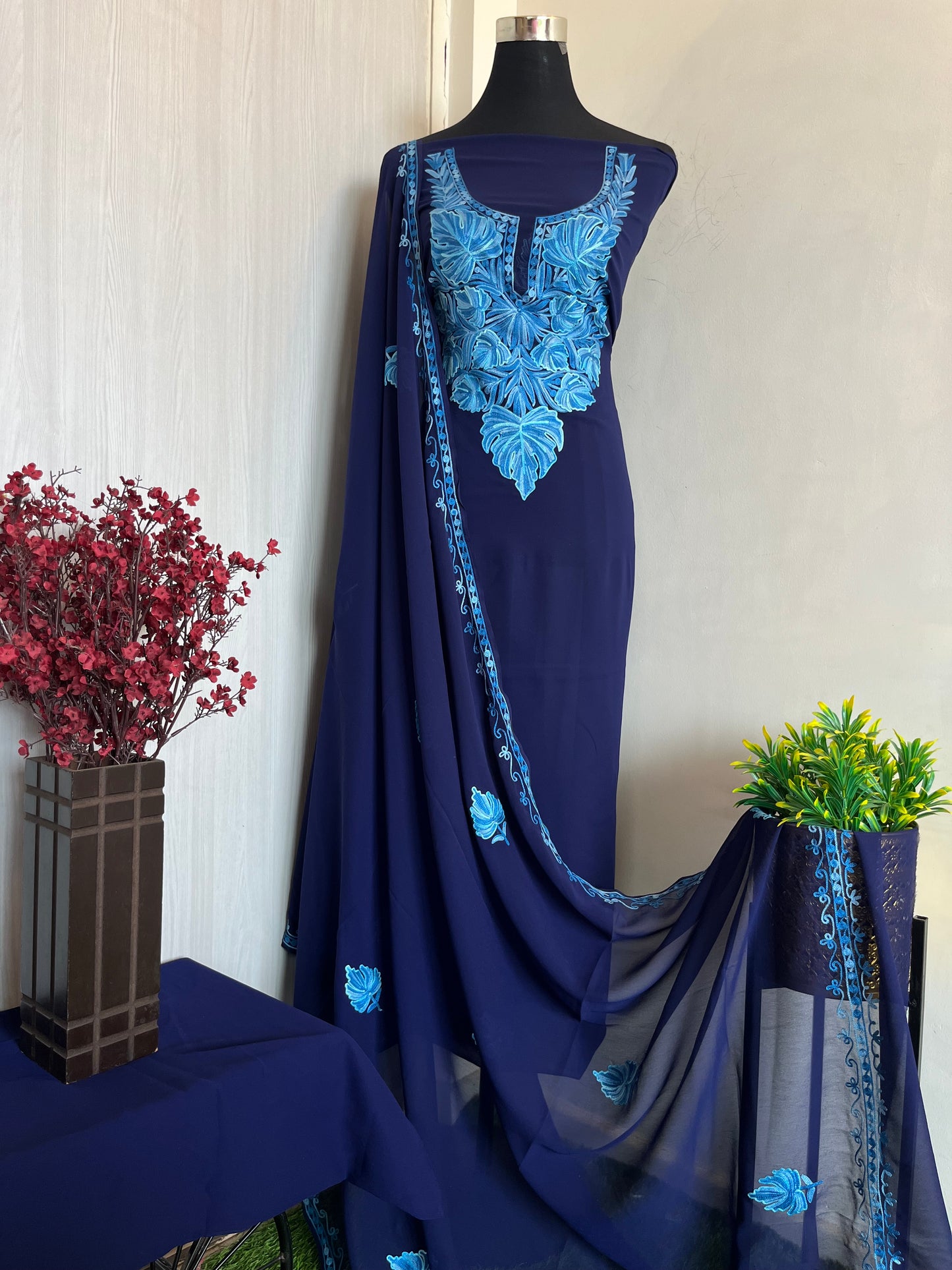 Georgette Blue 3 Pc Aari Embroidered Suit Set