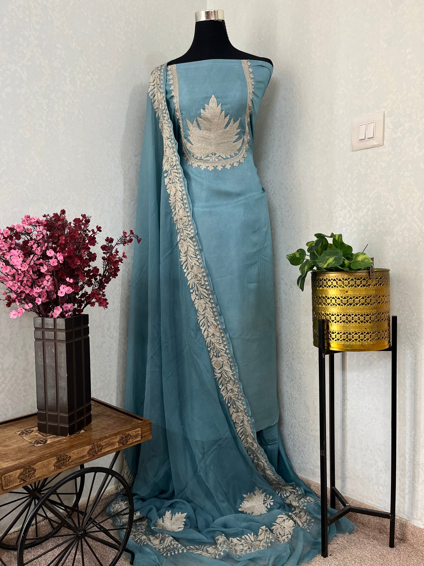 Powder Blue Sanam’ Tilla Kashmiri Silk Suit