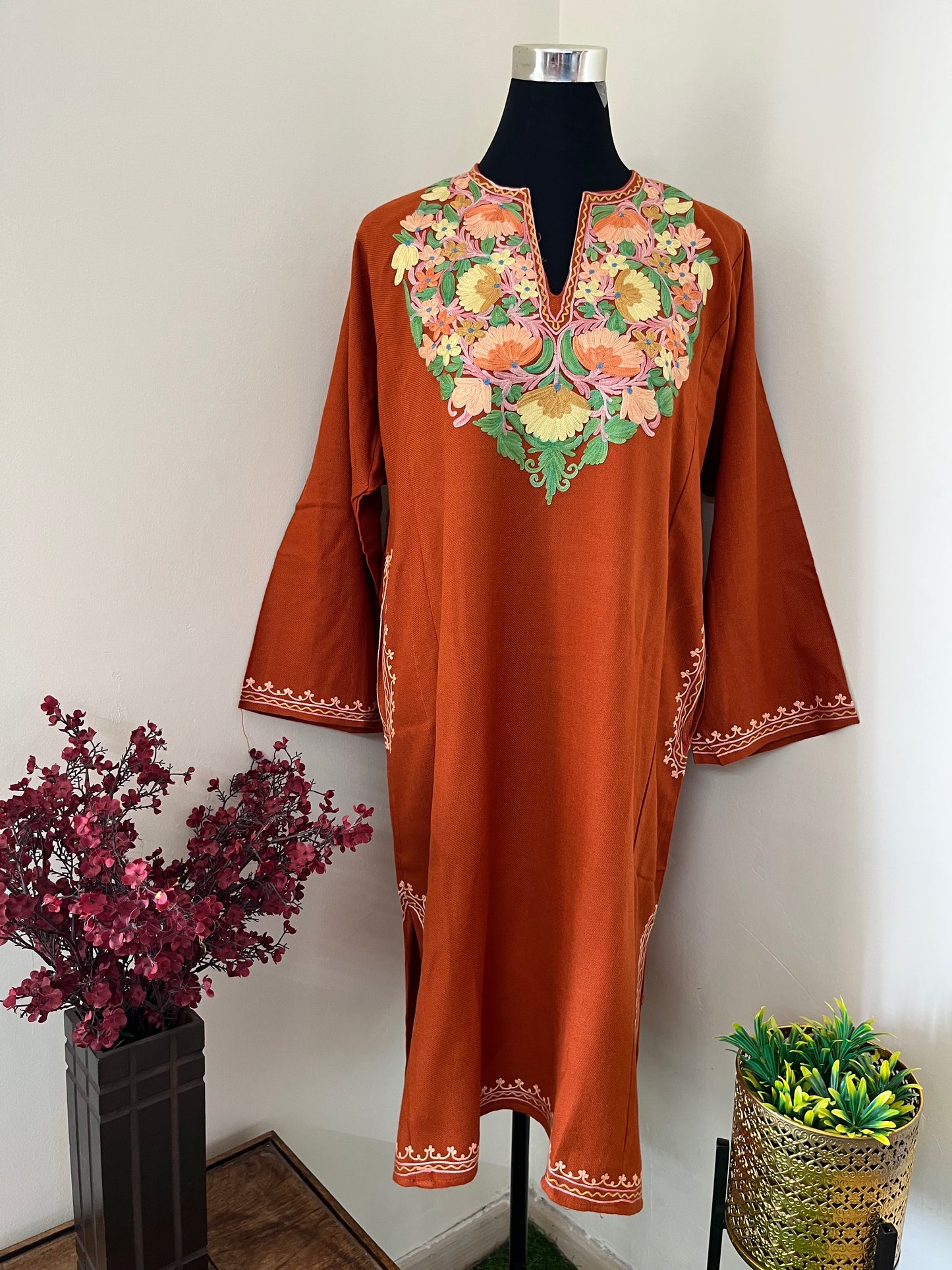 Orange Aari Embroidered Wool Pheran