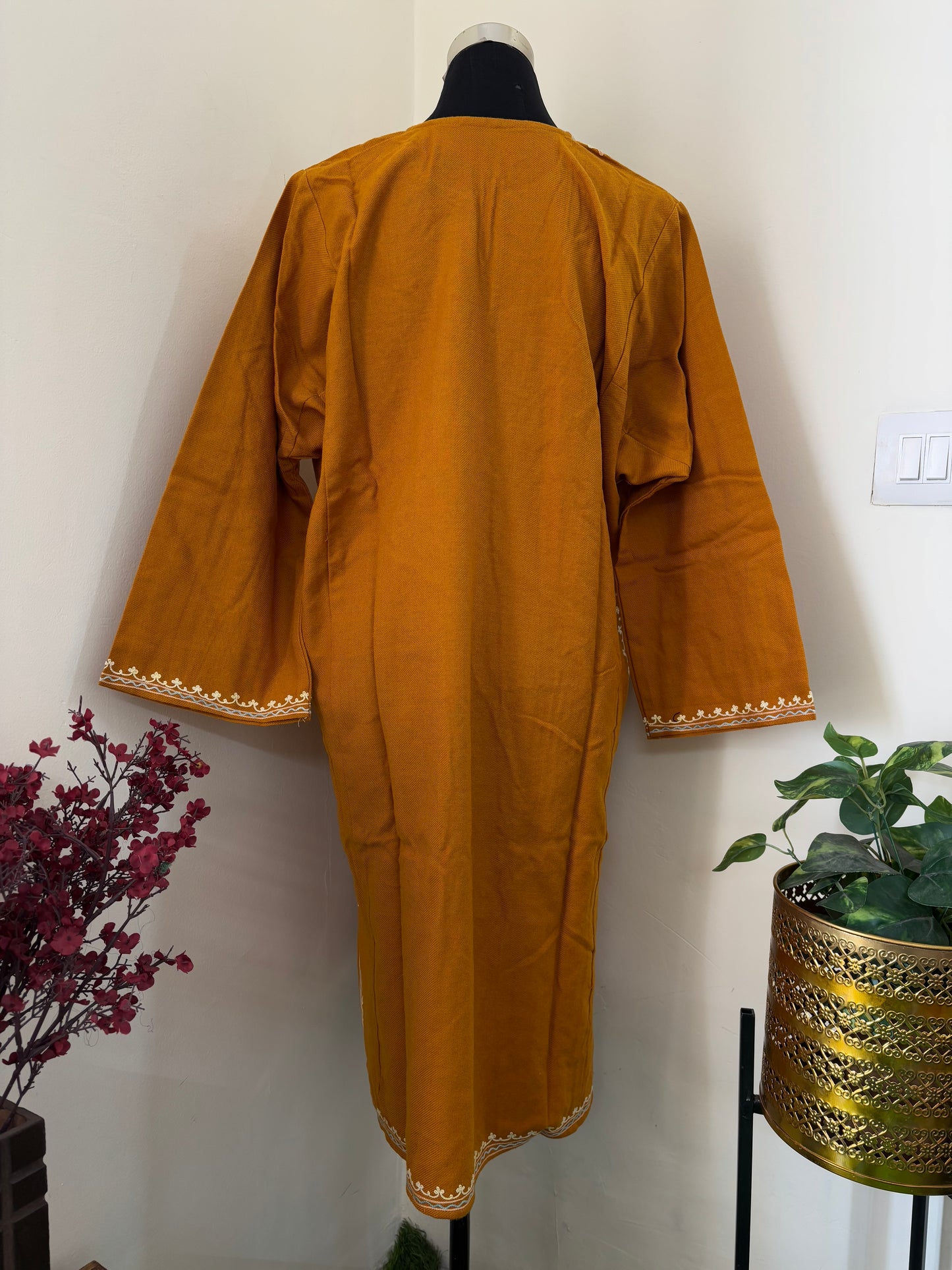 Mustard Yellow Aari Embroidered Wool Pheran