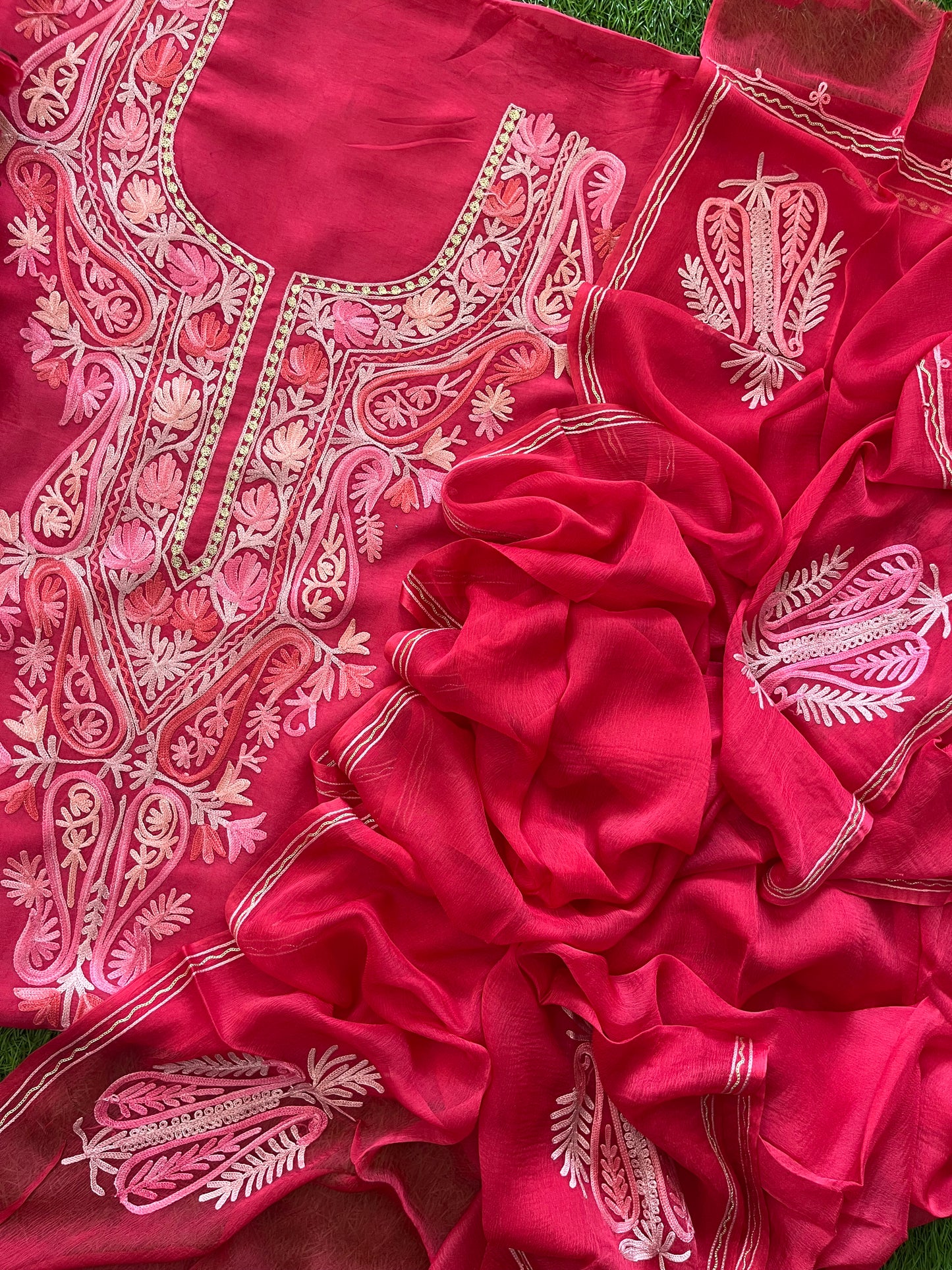 Carrot Pink Opada Silk Aari Embroidered Suit material