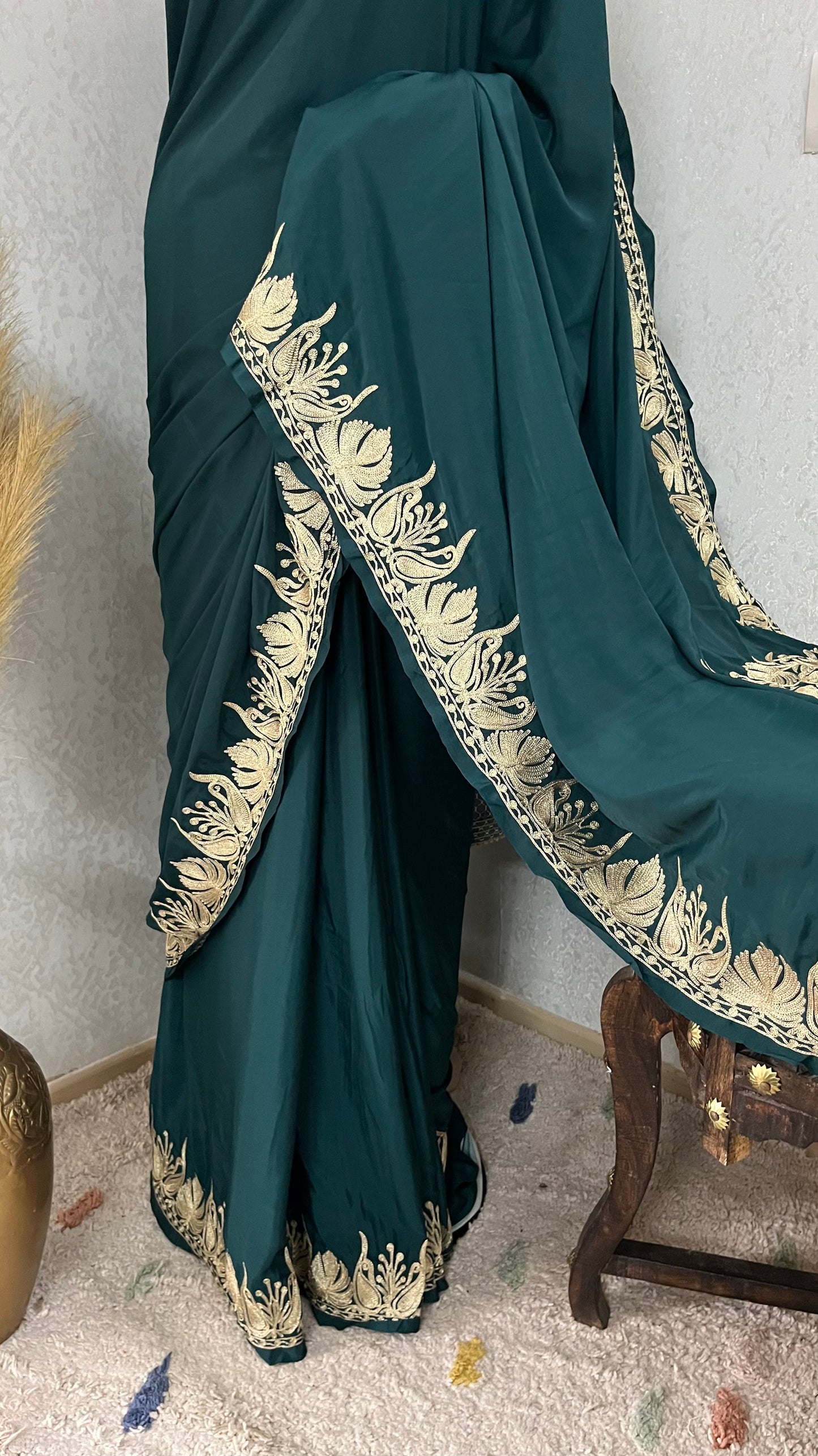 Green Crape Kashmiri Tilla Saree