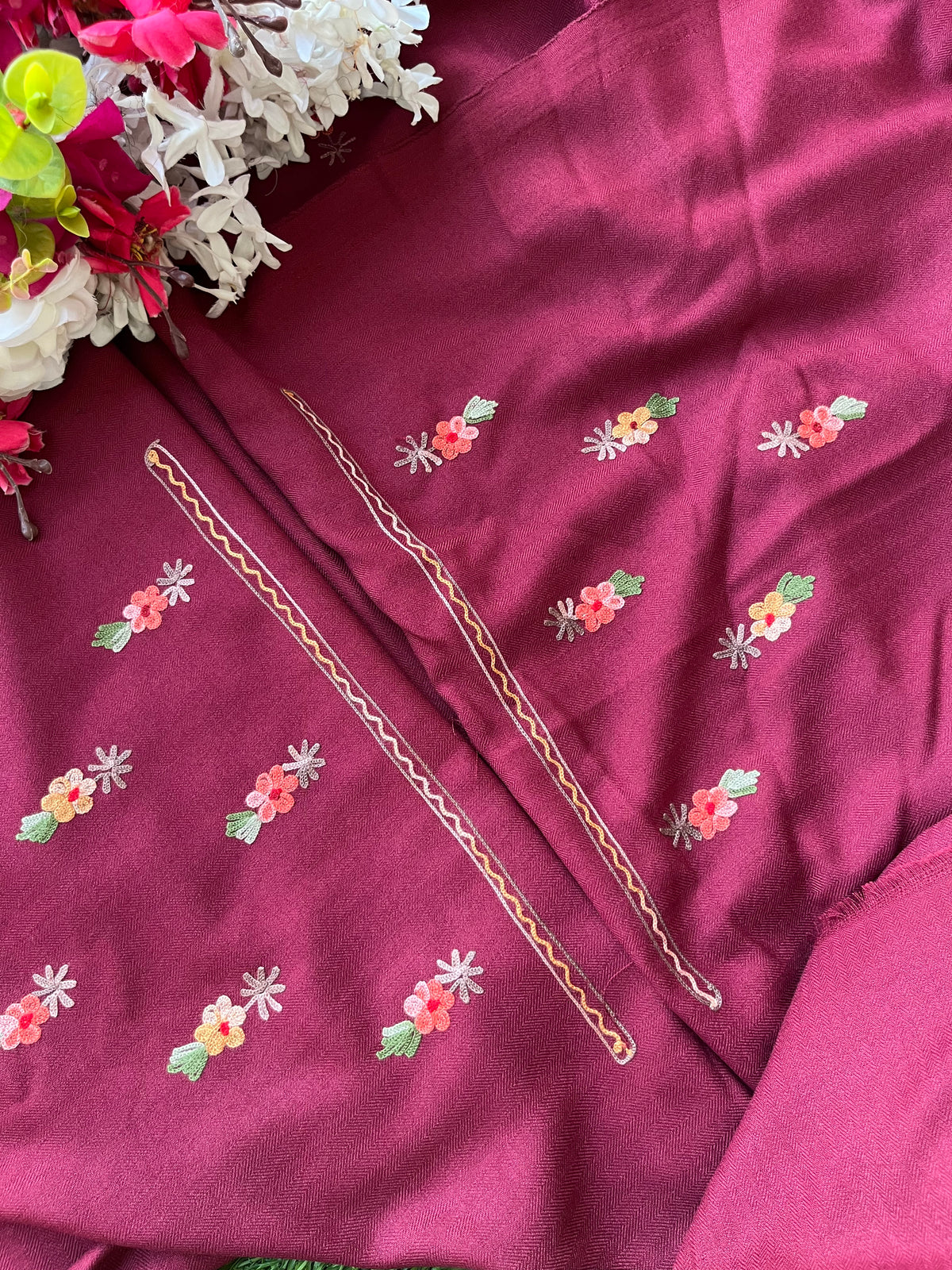 Wine Woollen Aari Embroidered 3pc suit