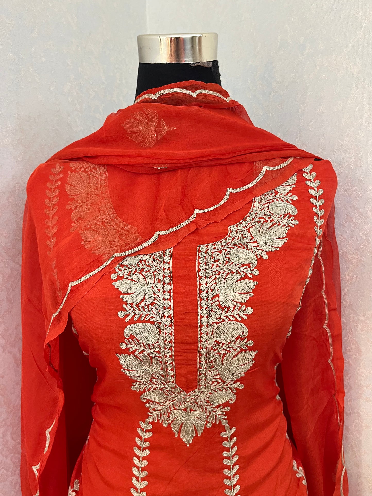 Orange Sanam’ Silk Tilla Kashmiri Suit