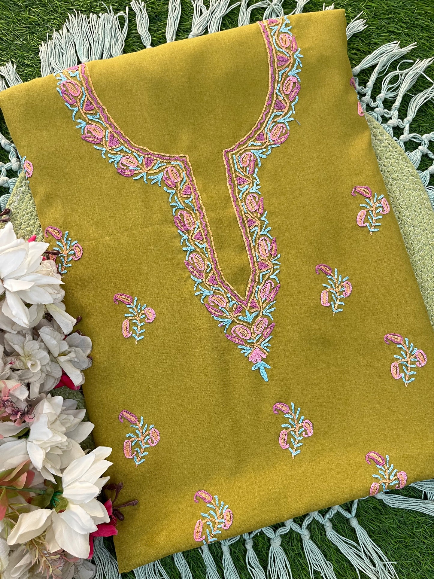 Lime Green Cotton Two Piece Suit (Hand Embroidered)