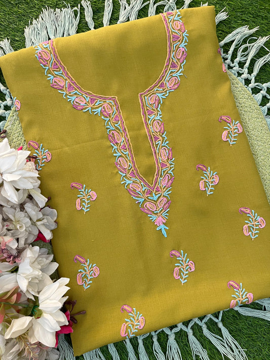 Lime Green Cotton Two Piece Suit (Hand Embroidered)