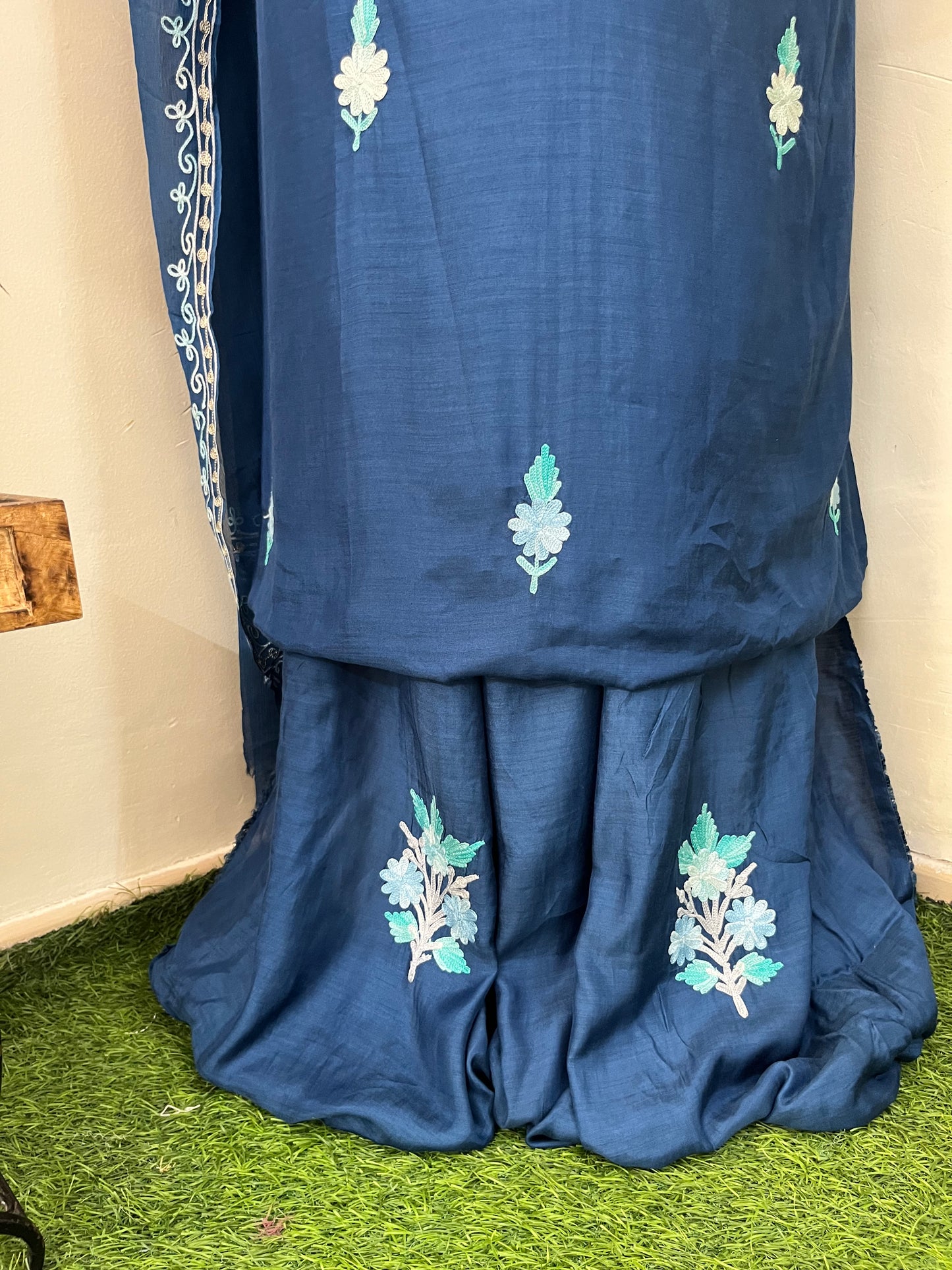 Blue  Muslin Cotton Jaal Sleeves Kashmiri 3pc Suit