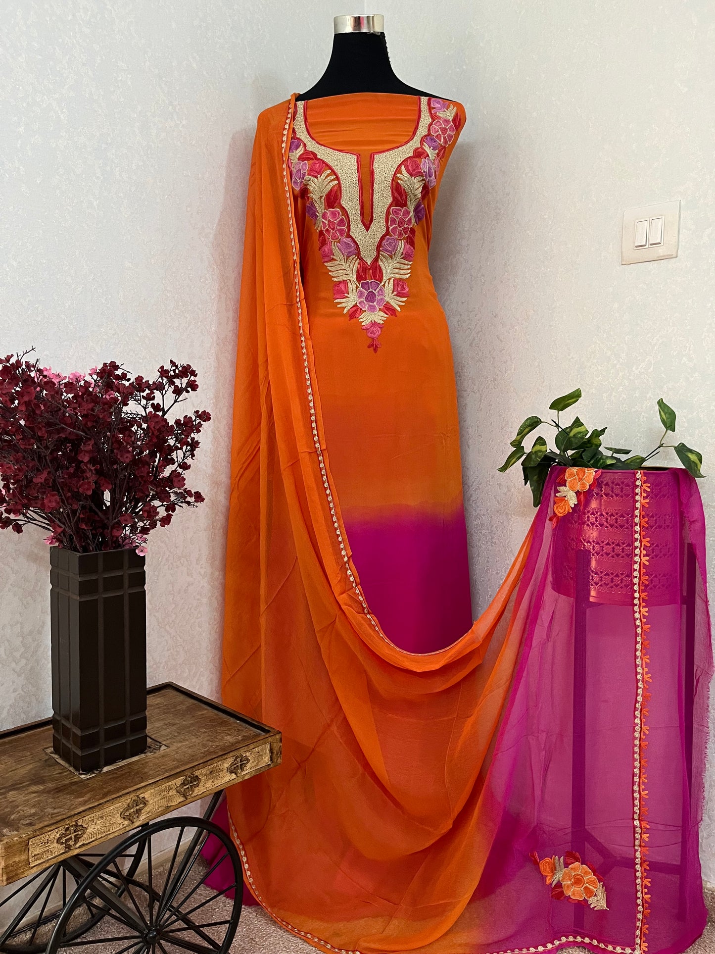 Orange Pure Georgette Double Shade Kashmiri Suit