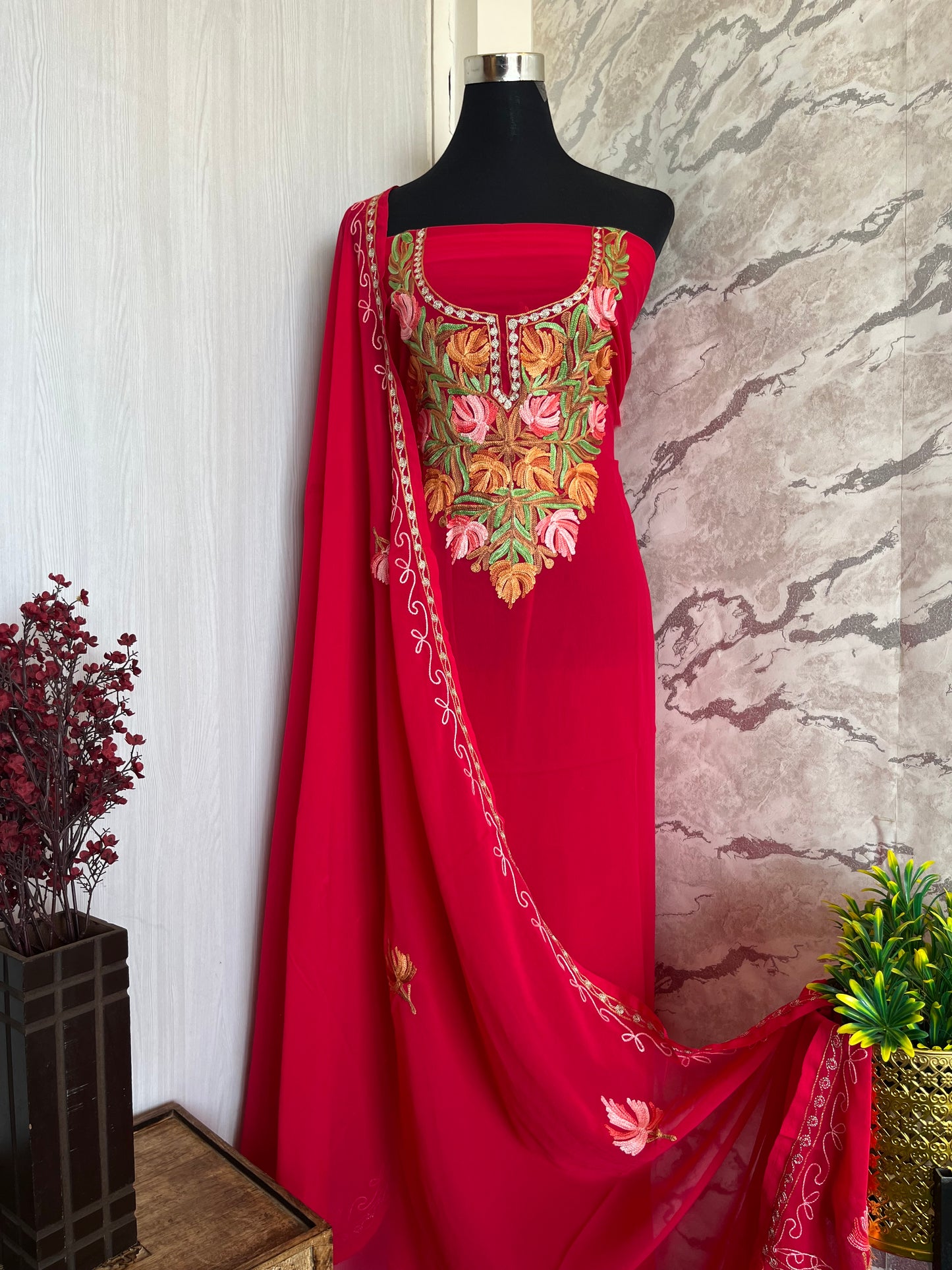 Carrot Red Georgette Shirt and Dupatta Aari Embroidered Suit