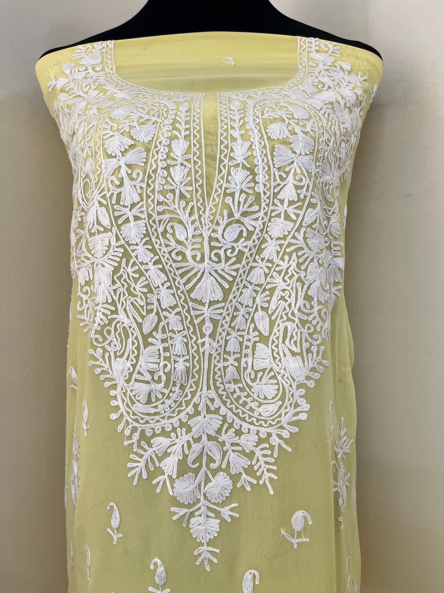 Lemon Yellow Georgette Kashmiri Unstitched Kurta Material