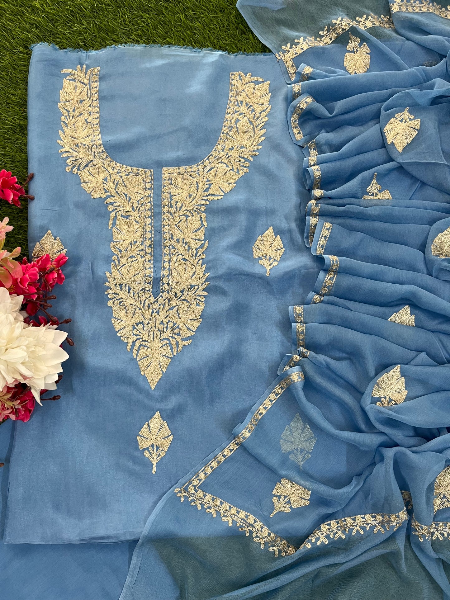 Soft Blue Silk Tilla Kashmiri Suit