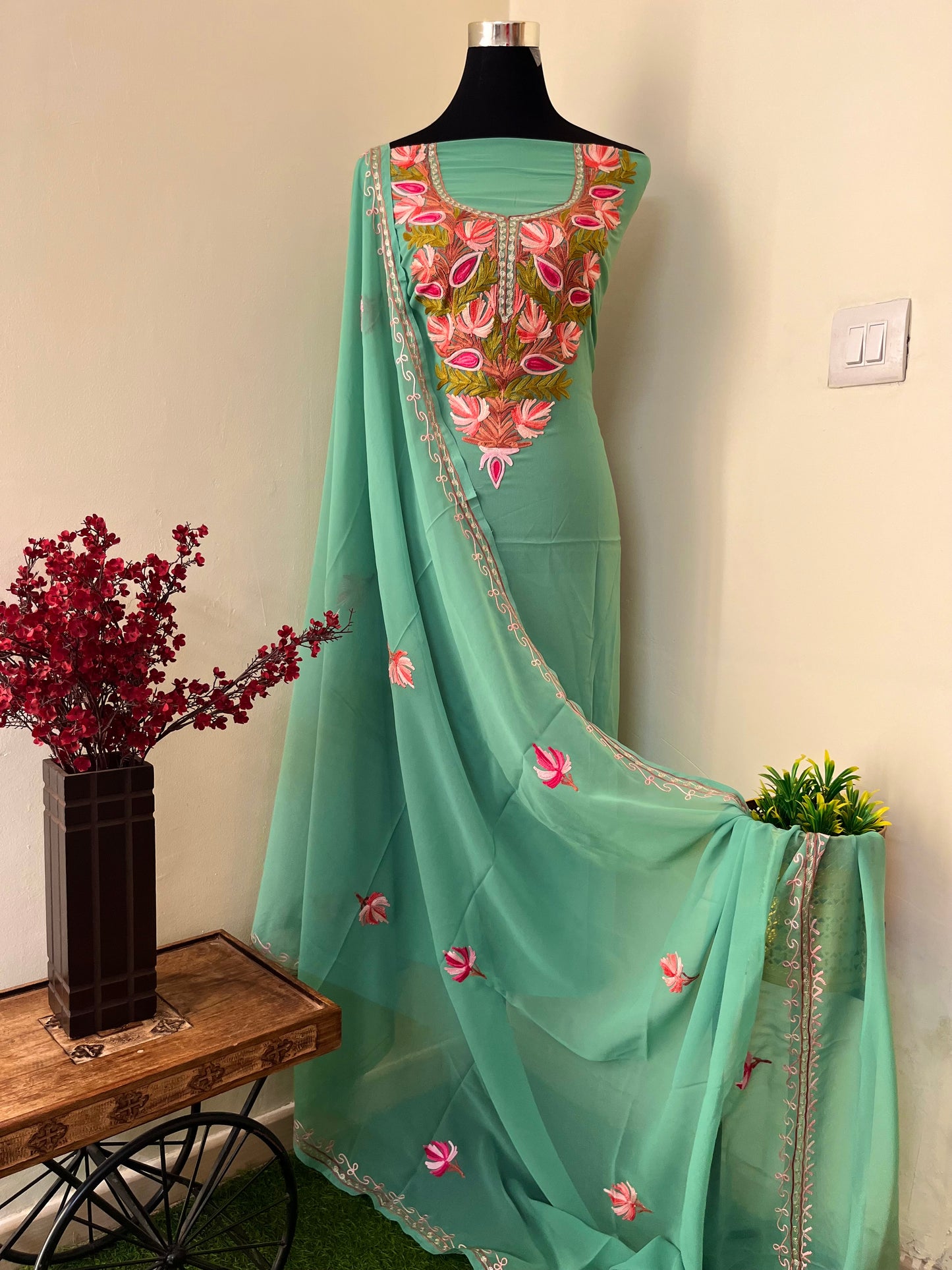 Green Georgette Shirt and Dupatta Aari Embroidered Suit