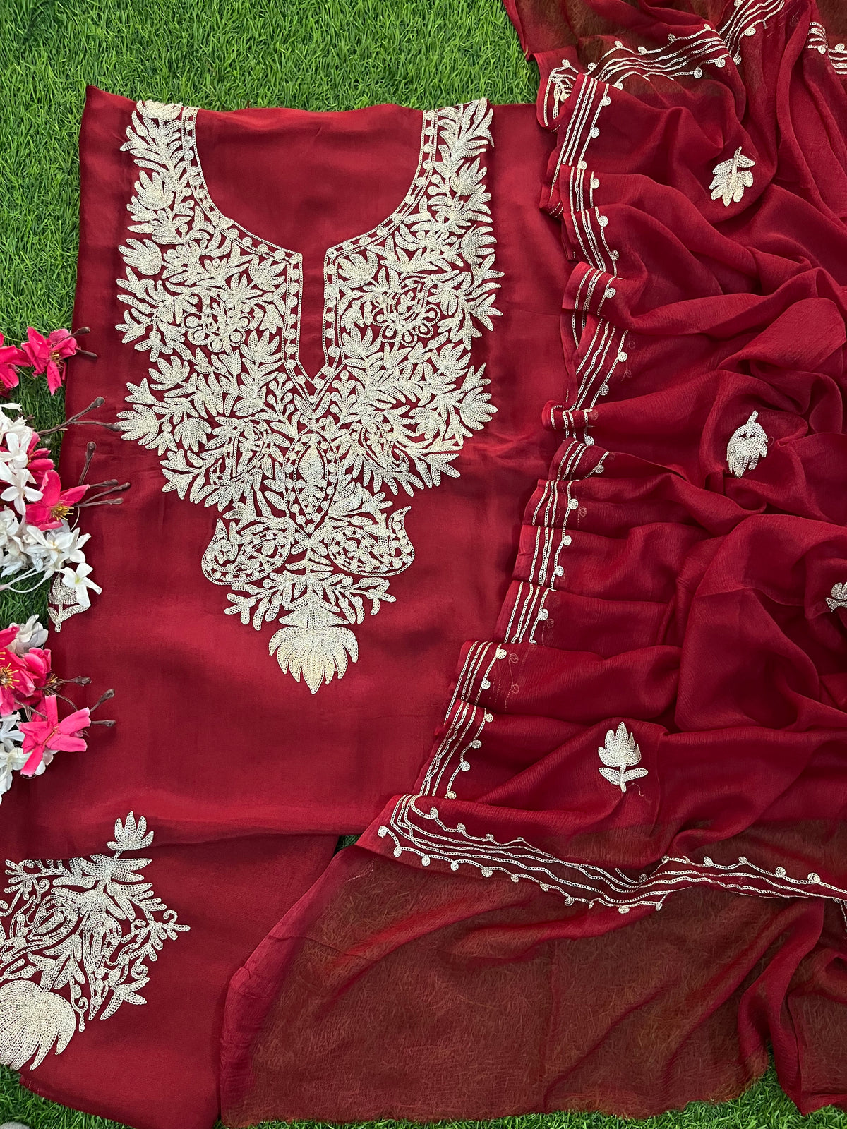 Maroon Silk Tilla Kashmiri Suit