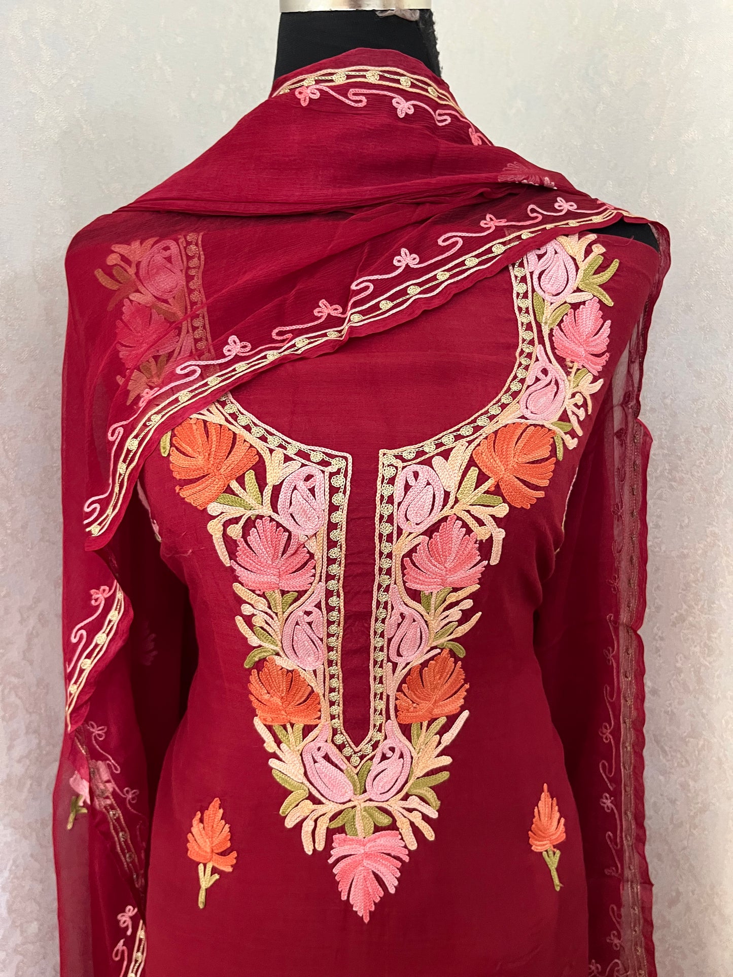 Maroon Muslin Cotton Jaal Sleeves Kashmiri 3pc Suit