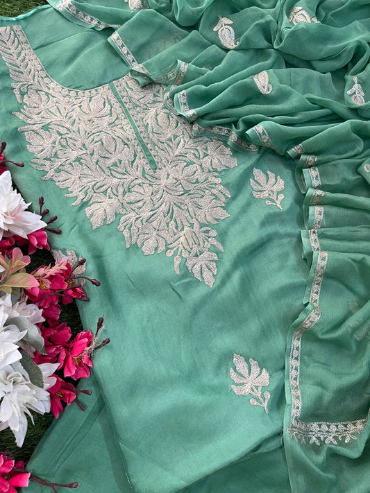 Pastel Green Sanam’ Silk Tilla Kashmiri Suit