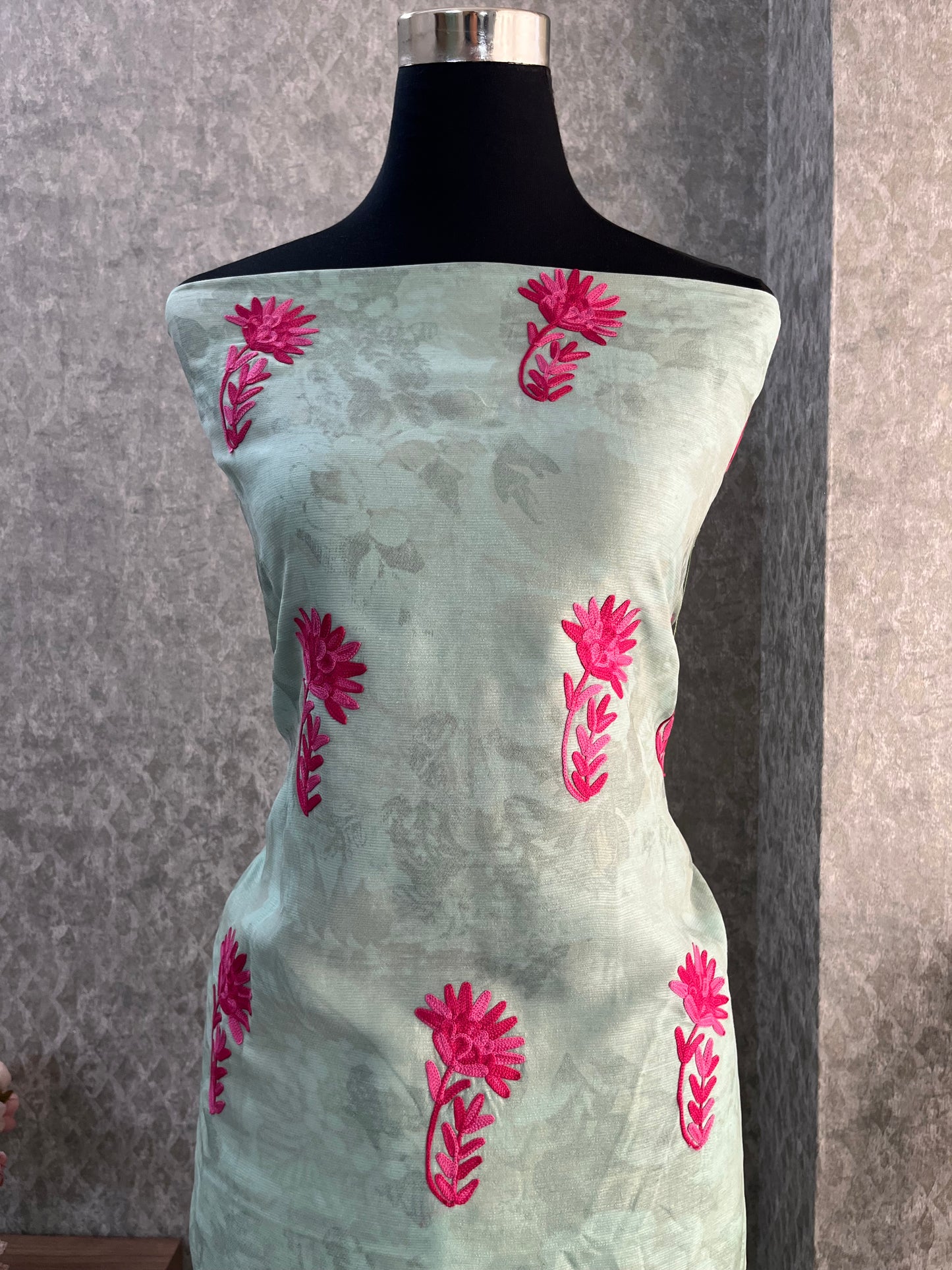Mint Green Self Work Satin Cotton Unstitched Co-ord Set