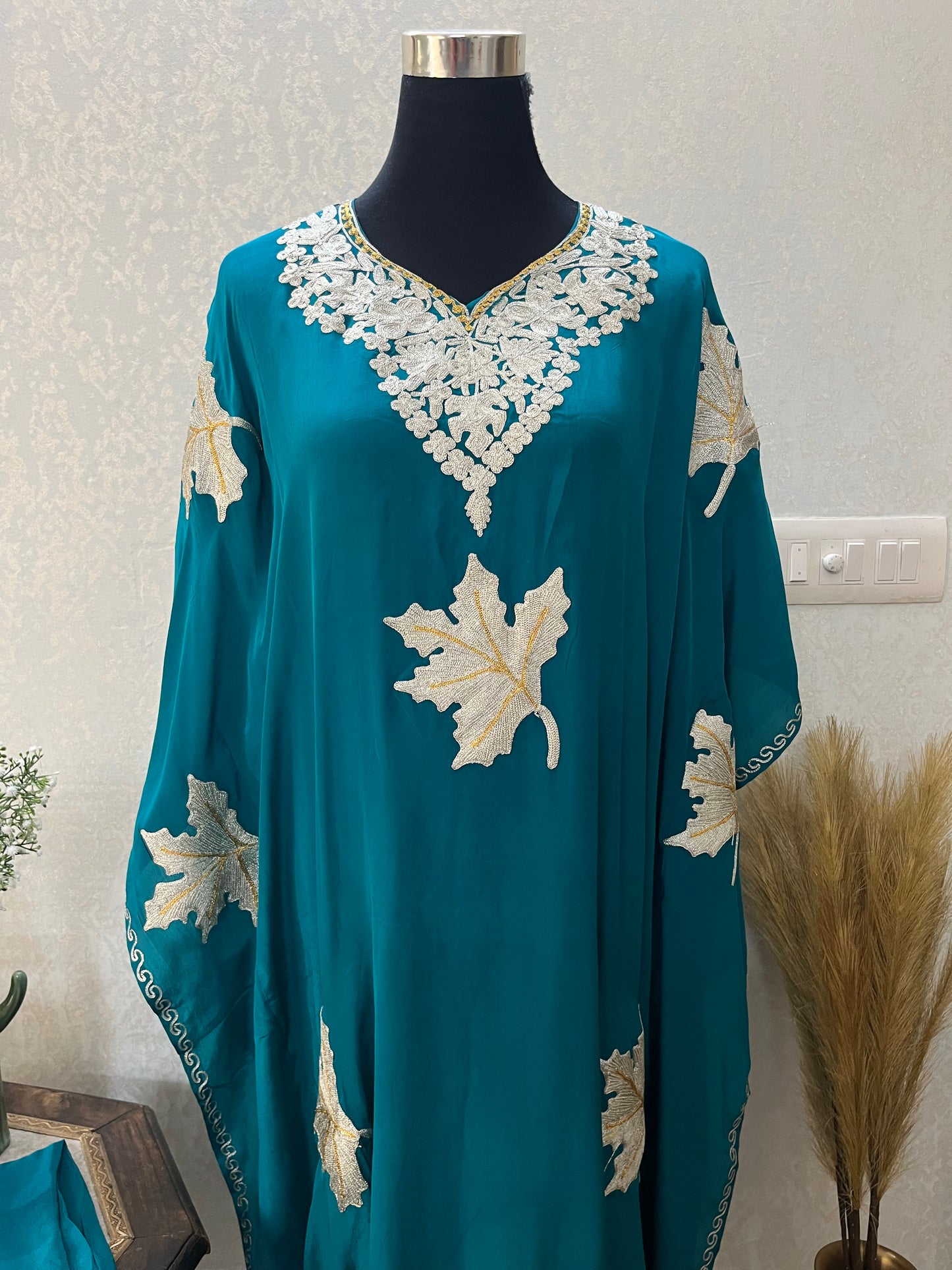 Firozi Crape Kashmiri Kaftan Set