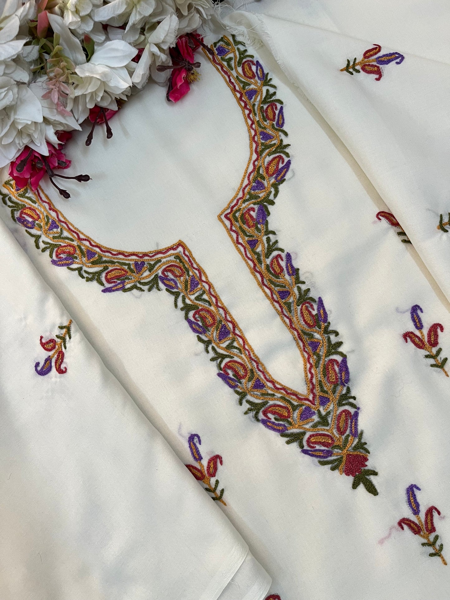 Off White Cotton Two Piece Suit (Hand Embroidered)