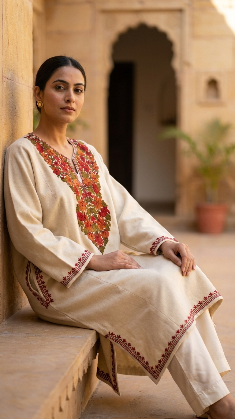 Off White Aari Embroidered Wool Pheran