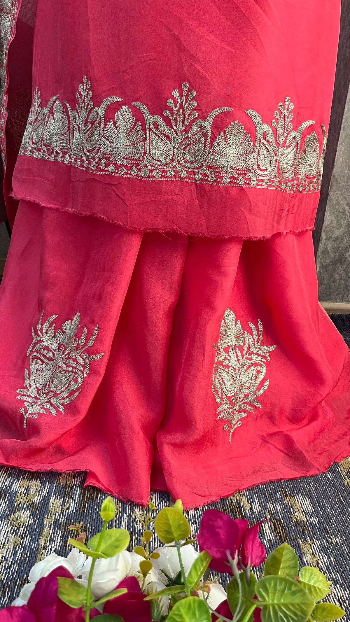 Carrot Pink Sanam Silk Kashmiri Suit