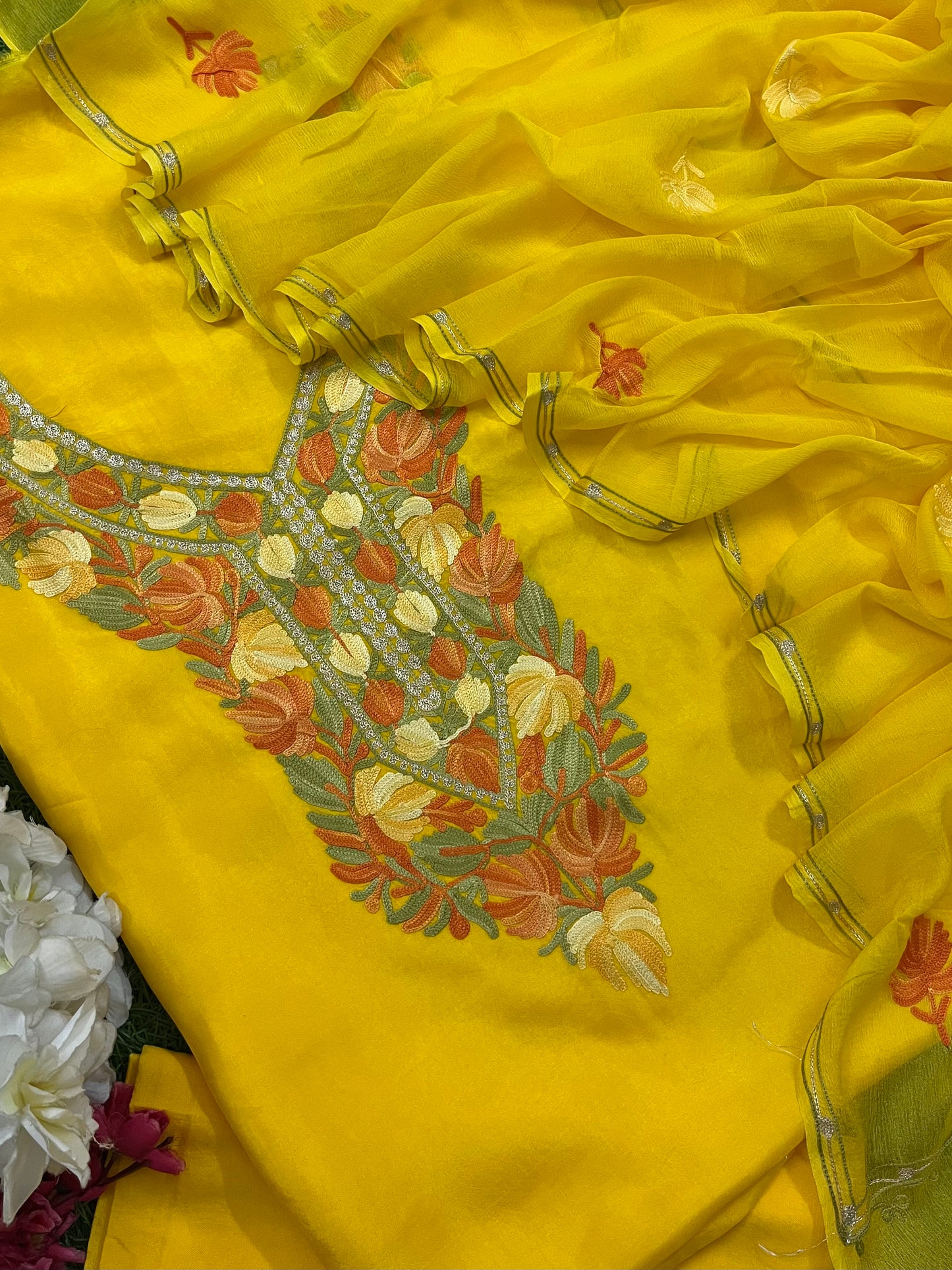 Yellow  Opada Silk Aari Embroidered Suit material