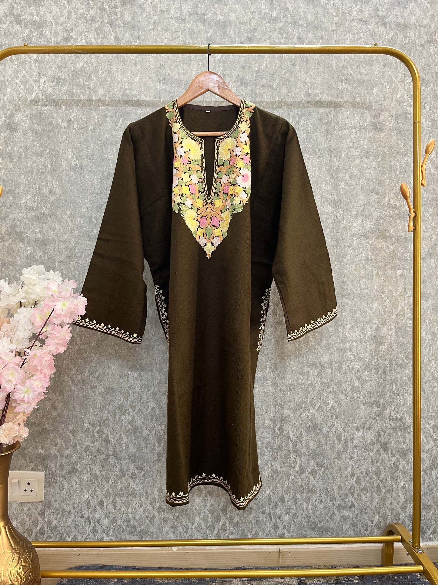 Army Green Aari Embroidered Wool Pheran