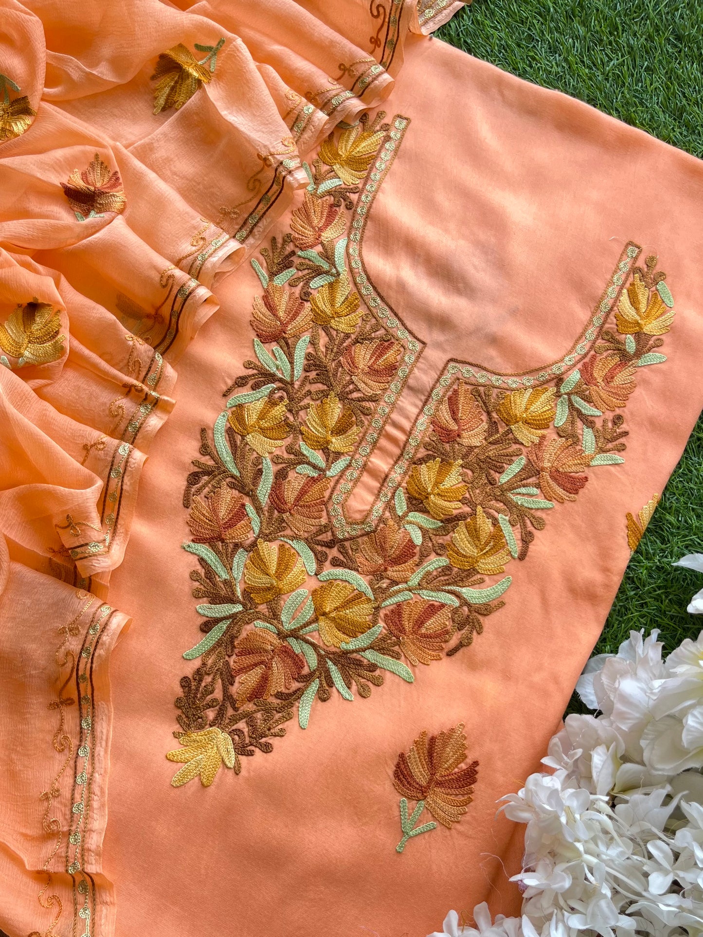 Peach Muslin Cotton Aari Embroidered 3pc set