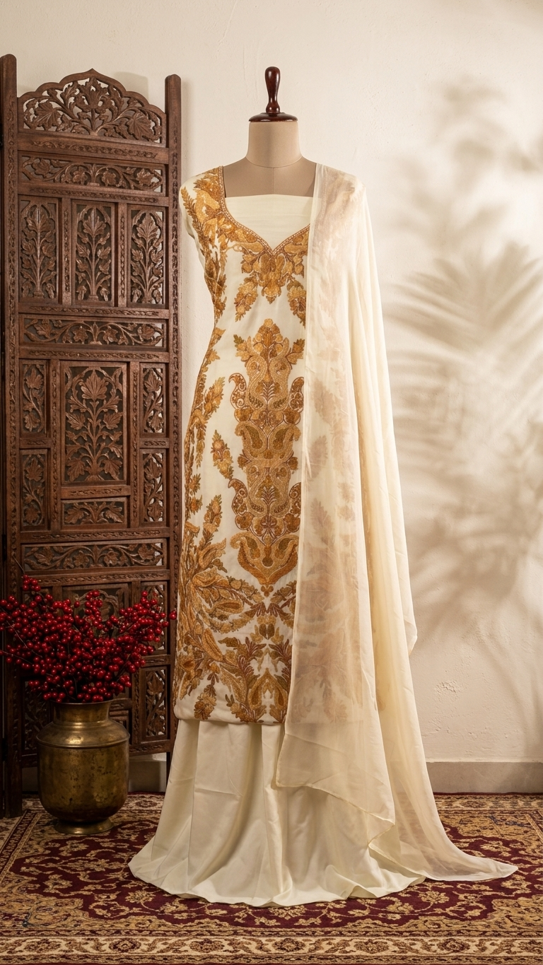 Ivory Satin Cotton Kashmiri Suit