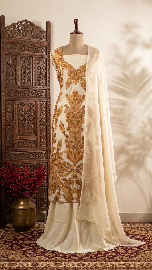 Ivory Satin Cotton Kashmiri Suit