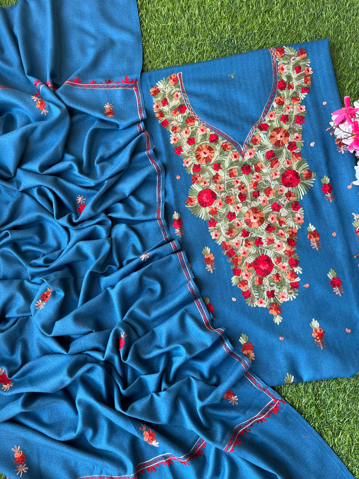 Peacock Blue Woollen Aari Embroidered 3pc suit